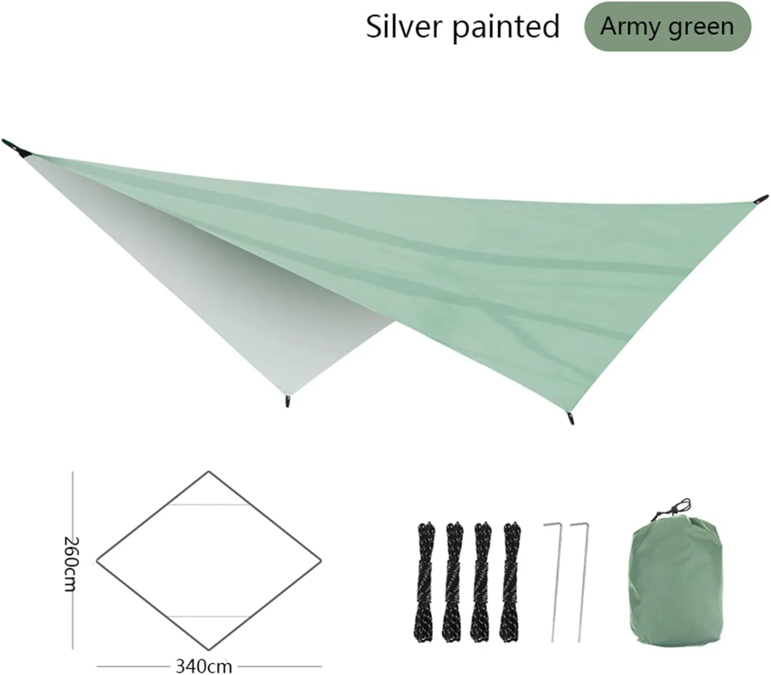 Watertight Tarp Tent Shade Outdoor Camping Hammock Garden Silver Coated Awning Canopy Sunshade Ultralight 340 * 260cm (Color : Green, Size : A)