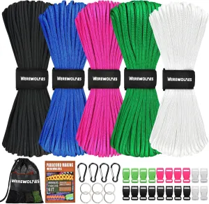 WEREWOLVES 550 Paracord Kits 100ft Each Color - 5 Colors Parachute Cord Combo 7 Strand Type III Parachute Cord 4mm for Crafting, Dog Collar, Survival Bracelets