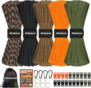WEREWOLVES 550 Paracord Kits 100ft Each Color - 5 Colors Parachute Cord Combo 7 Strand Type III Parachute Cord 4mm for Crafting, Dog Collar, Survival Bracelets
