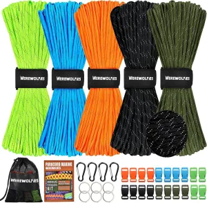 WEREWOLVES 550 Paracord Kits 100ft Each Color - 5 Colors Parachute Cord Combo 7 Strand Type III Parachute Cord 4mm for Crafting, Dog Collar, Survival Bracelets