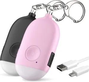 WETEN Personal Alarm Keychain for Women Self Defense - 2 Pack USB Rechargeable 130 dB Loud Safety Siren Whistle with LED Light – Panic Button or Pull Pin Alert Device Key Chain (Black&Pink)