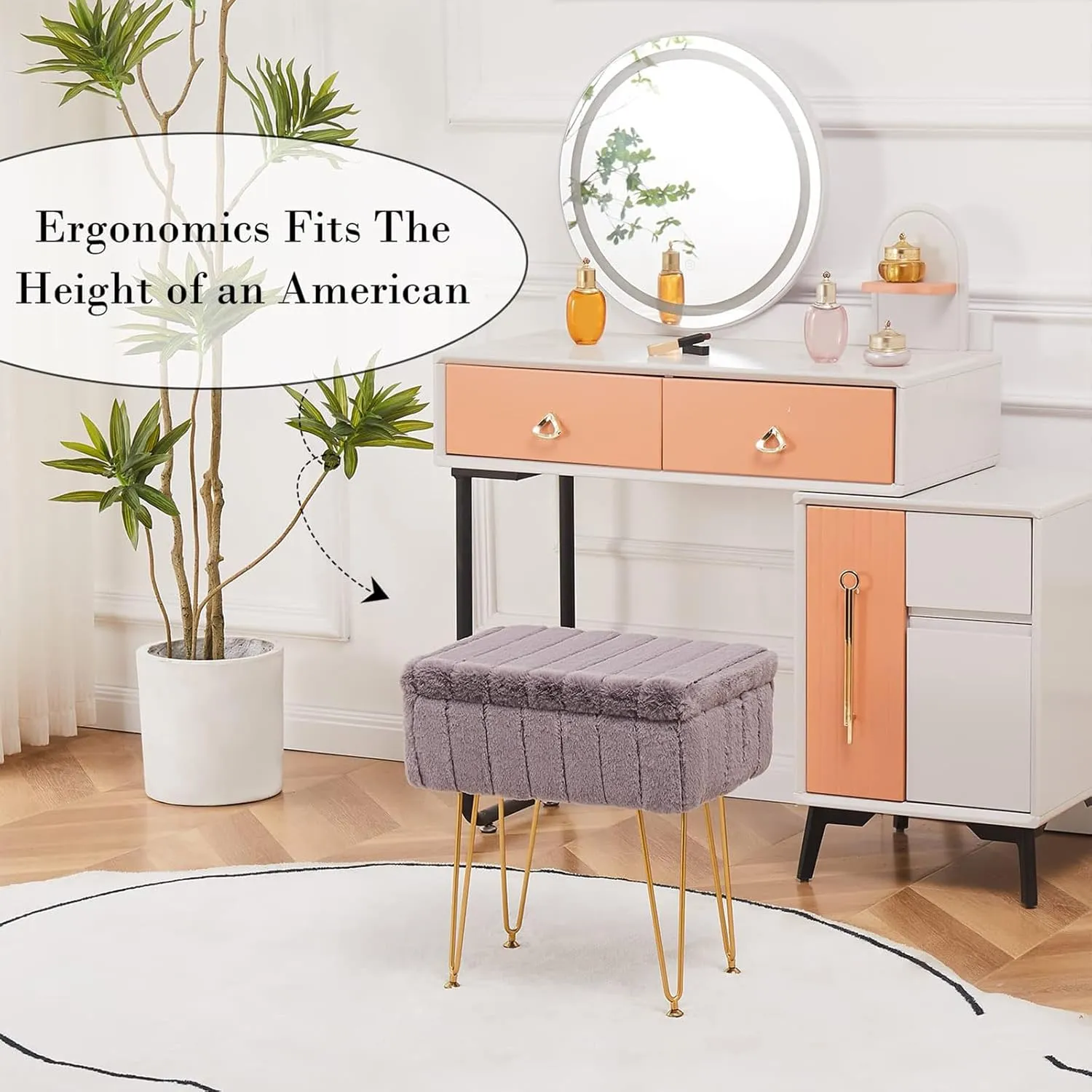 Wimarsbon Faux Mink Fur Storage Ottoman, Modern Soft Footstool, Storage Bench with Metal Legs, Vanity Seat, Fur Stool, Ottoman Coffee Table, Makeup Chair, Vanity Stools for Bedroom (Grey)