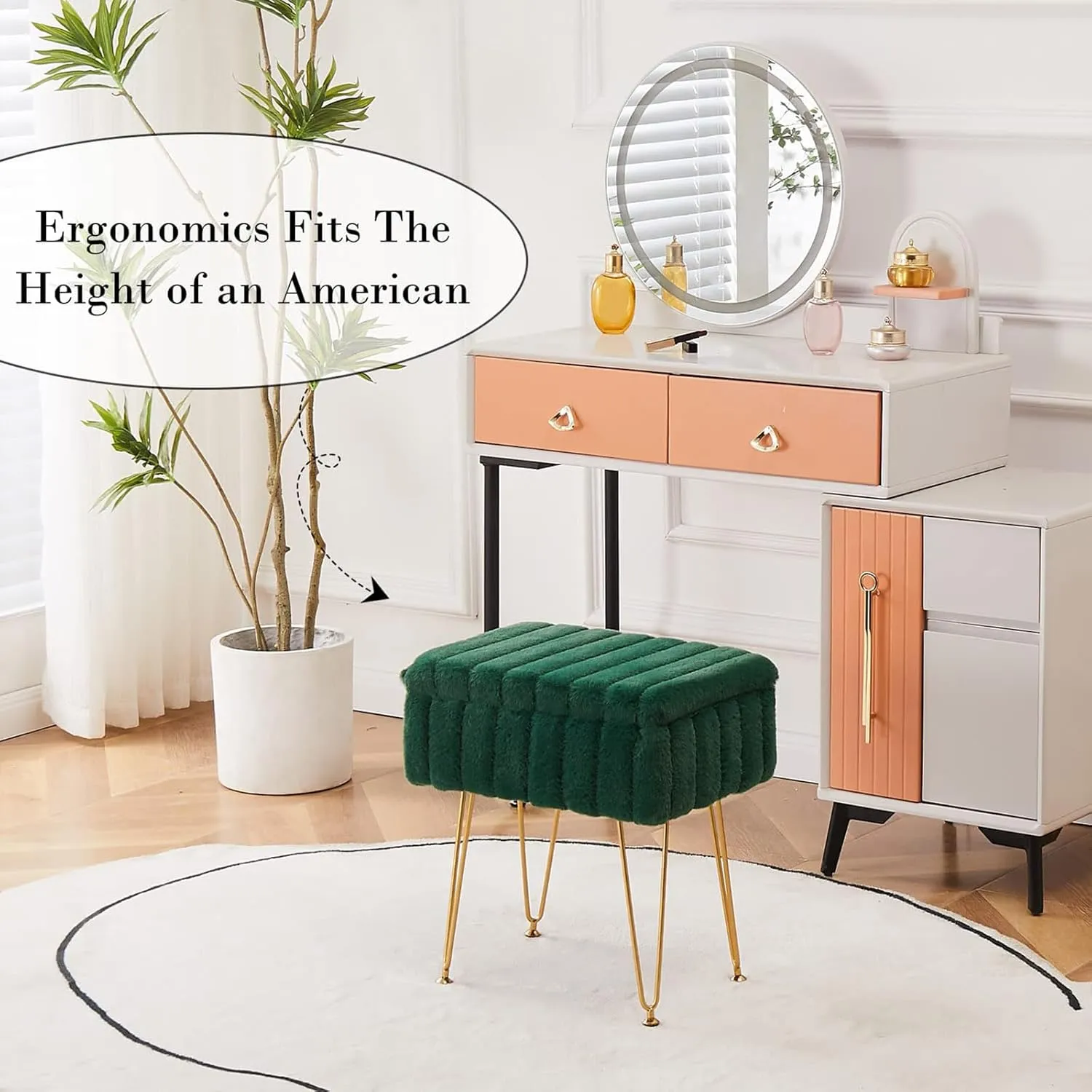 Wimarsbon Faux Mink Fur Storage Ottoman, Modern Soft Footstool, Storage Bench with Metal Legs, Vanity Seat, Fur Stool, Ottoman Coffee Table, Makeup Chair, Vanity Stools for Bedroom (Jade Green)