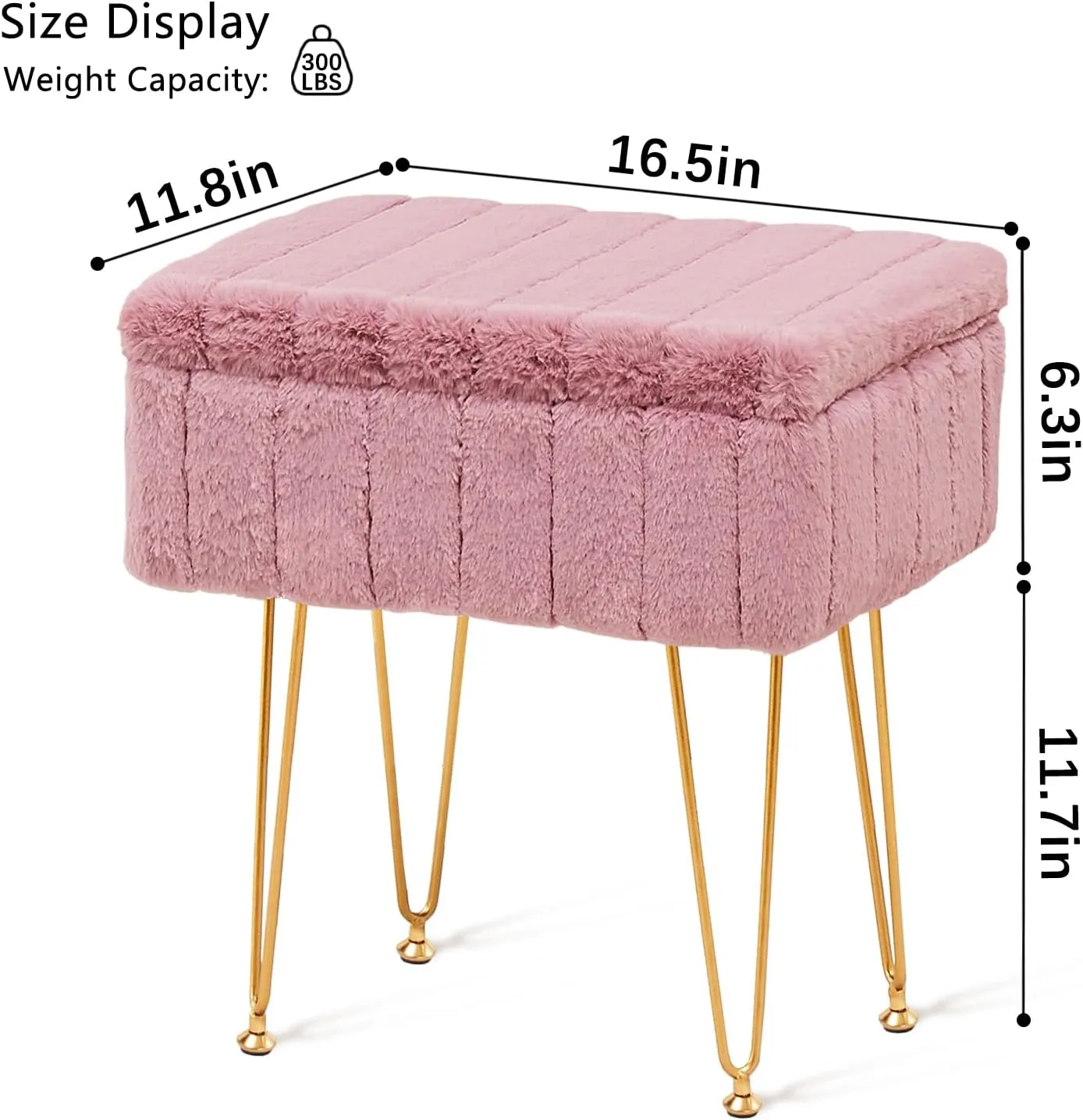 Wimarsbon Faux Mink Fur Storage Ottoman, Modern Soft Footstool, Storage Bench with Metal Legs, Vanity Seat, Fur Stool, Ottoman Coffee Table, Makeup Chair, Vanity Stools for Bedroom (Pink)