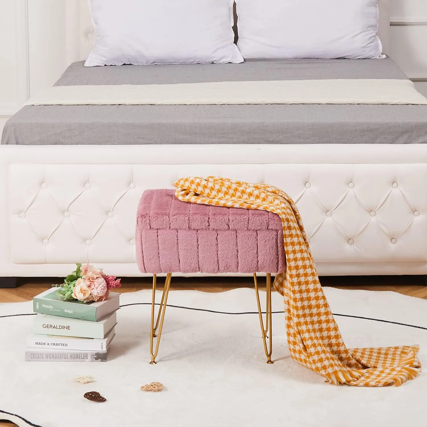 Wimarsbon Faux Mink Fur Storage Ottoman, Modern Soft Footstool, Storage Bench with Metal Legs, Vanity Seat, Fur Stool, Ottoman Coffee Table, Makeup Chair, Vanity Stools for Bedroom (Pink)