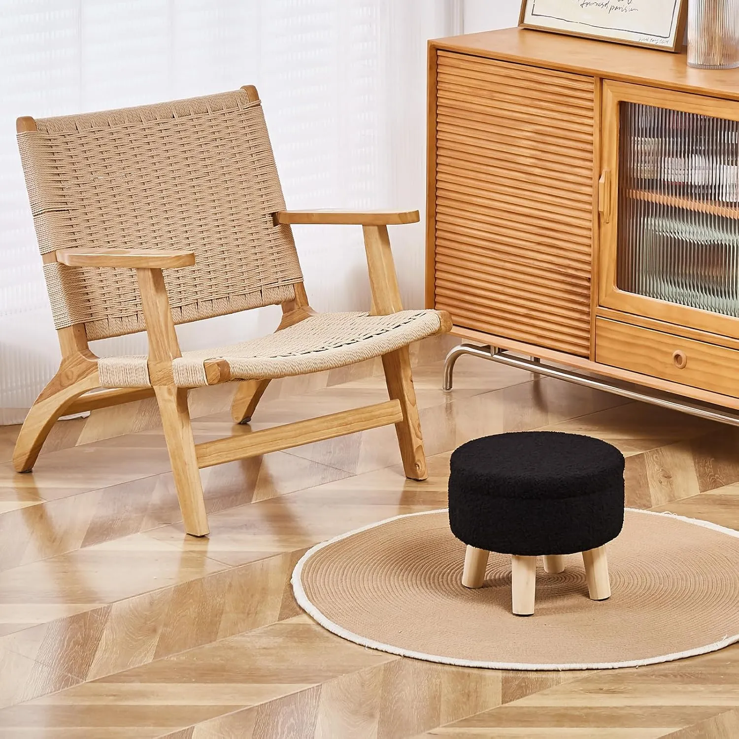 Wimarsbon Storage Ottoman, Modern Round Footrest with Soft Padded Seat, Teddy Velvet Footstool with Wood Legs, Accent Small Table or Plant Stand for Hallway, Living Room (Black)