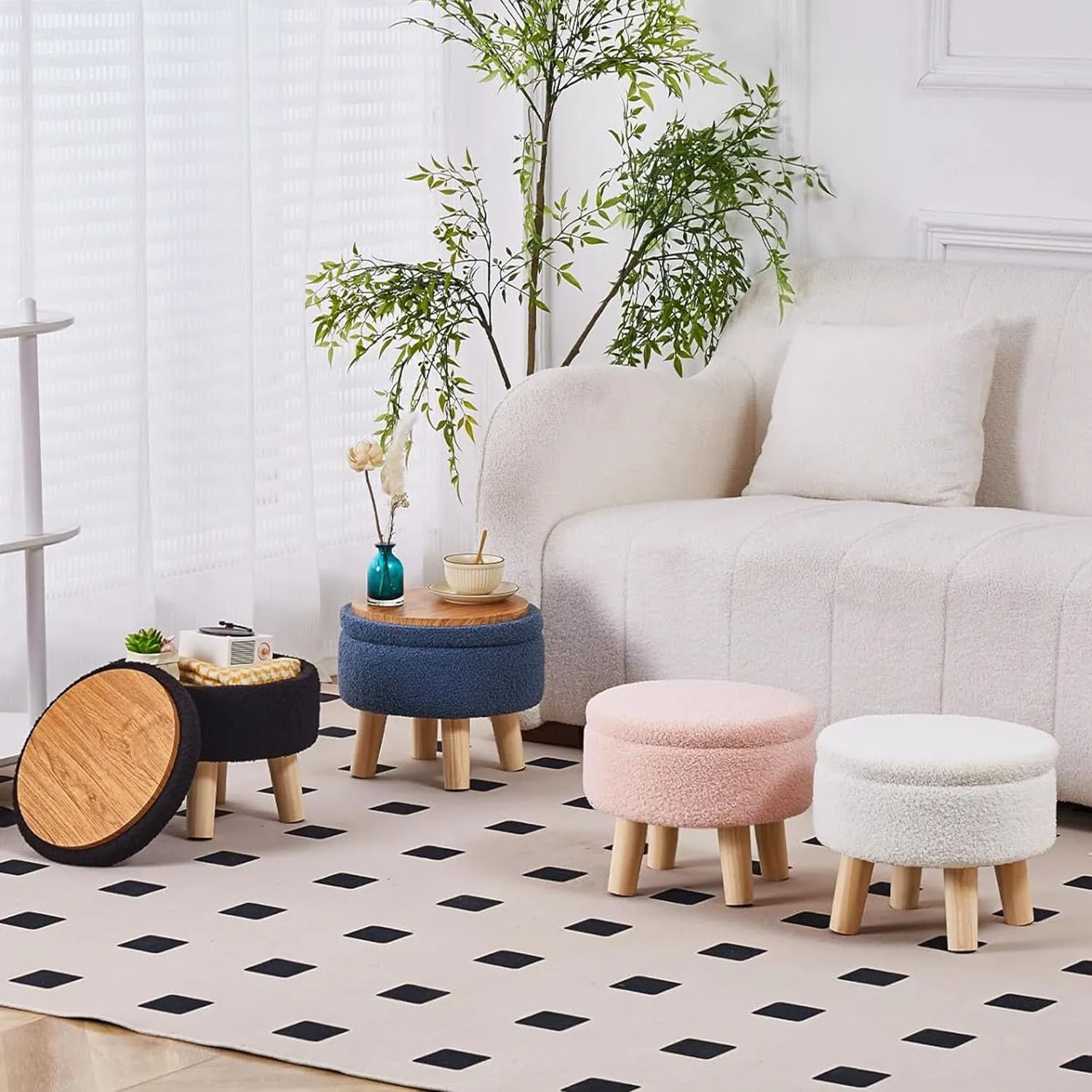 Wimarsbon Storage Ottoman, Modern Round Footrest with Soft Padded Seat, Teddy Velvet Footstool with Wood Legs, Accent Small Table or Plant Stand for Hallway, Living Room (Black)