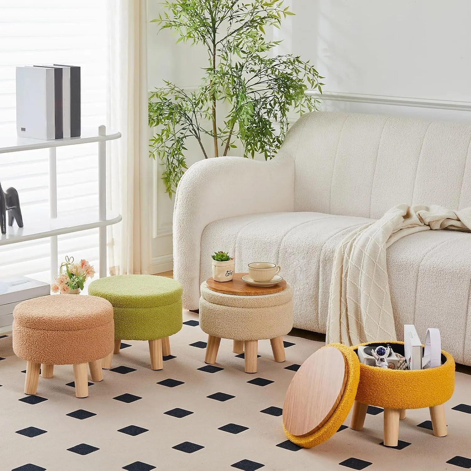 Wimarsbon Storage Ottoman, Modern Round Footrest with Soft Padded Seat, Teddy Velvet Footstool with Wood Legs, Accent Small Table or Plant Stand for Hallway, Living Room (Brilliant Green)