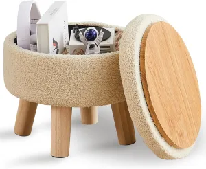 Wimarsbon Storage Ottoman, Modern Round Footrest with Soft Padded Seat, Teddy Velvet Footstool with Wood Legs, Accent Small Table or Plant Stand for Hallway, Living Room (Off-White)