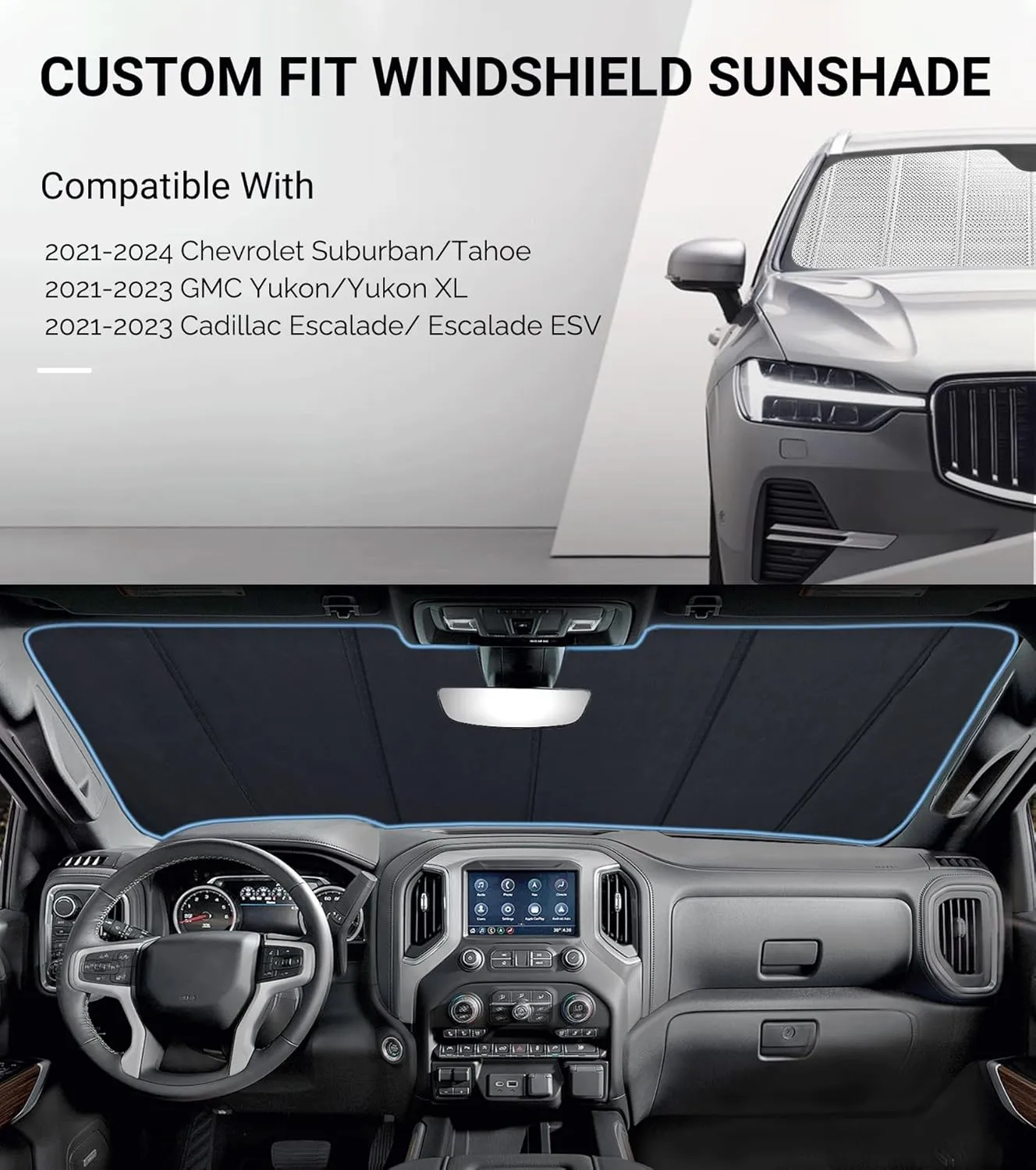 Windshield Sun Shade for 2021-2024 Chevrolet Suburban/Tahoe, 2021-2023 GMC Yukon/Yukon XL/Cadillac Escalade/Escalade ESV. Front Window Sunshade with Storage Bag