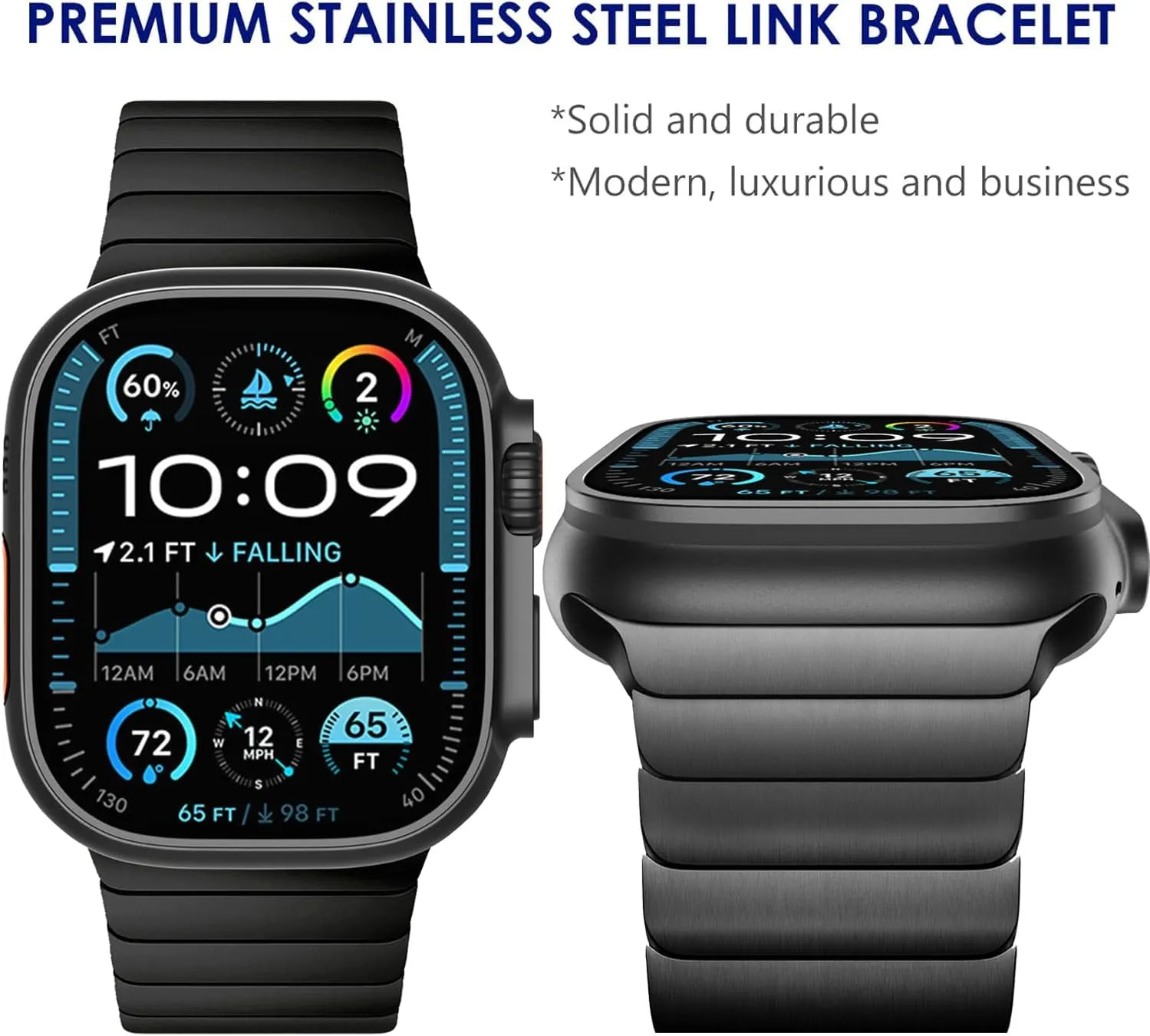 WINGLE Compatible for Apple Watch Band Ultra 2 Band Ultra 49mm 46mm 45mm 44mm 42mm Series 10 9 8 7 for Men, Stainless Steel Metal Bands for Apple Watch iWatch SE Series 6 5 4 3 2 1 Link, Black