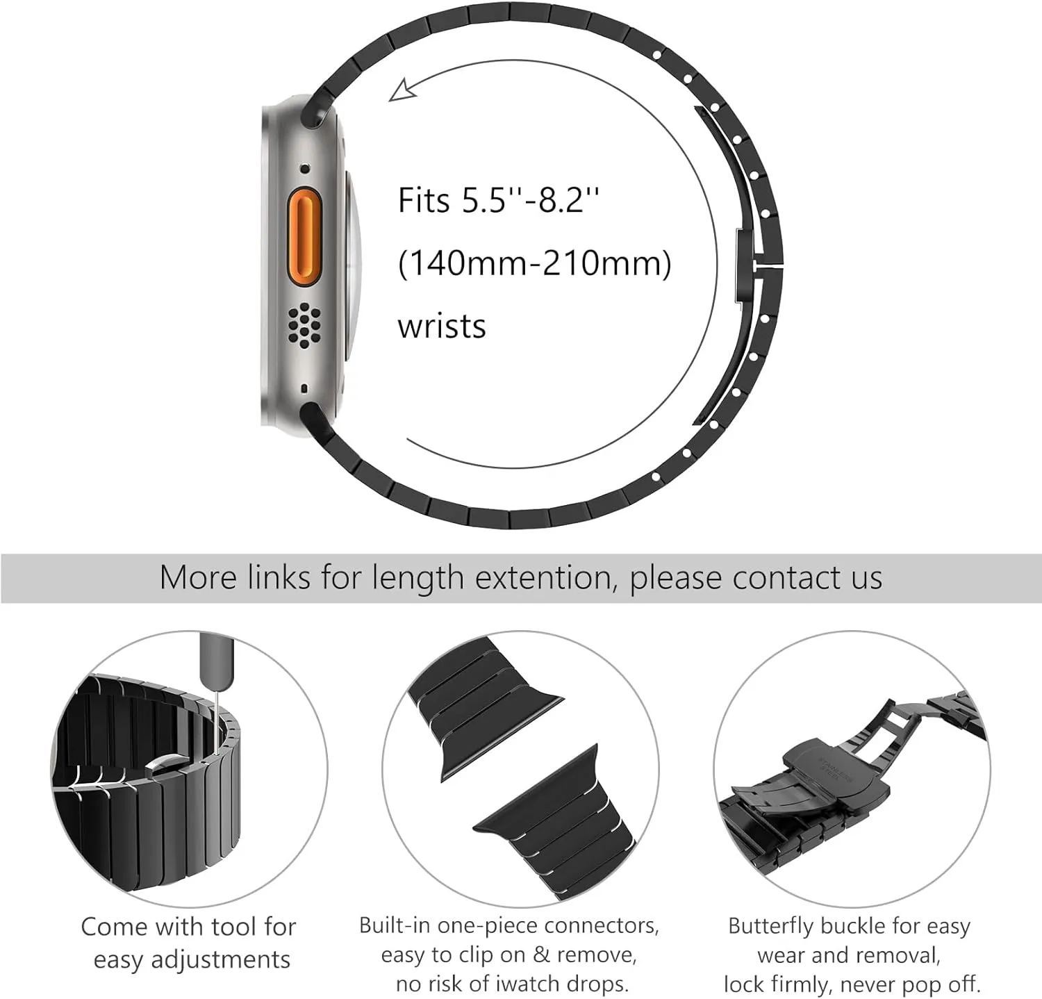 WINGLE Compatible for Apple Watch Band Ultra 2 Band Ultra 49mm 46mm 45mm 44mm 42mm Series 10 9 8 7 for Men, Stainless Steel Metal Bands for Apple Watch iWatch SE Series 6 5 4 3 2 1 Link, Black
