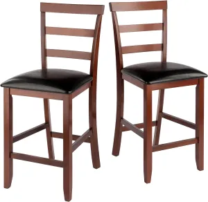 Winsome Simone 2-Pc Ladder Back Counter Stools Set, 25" Seat Height, Walnut Finish with Black Faux Leather