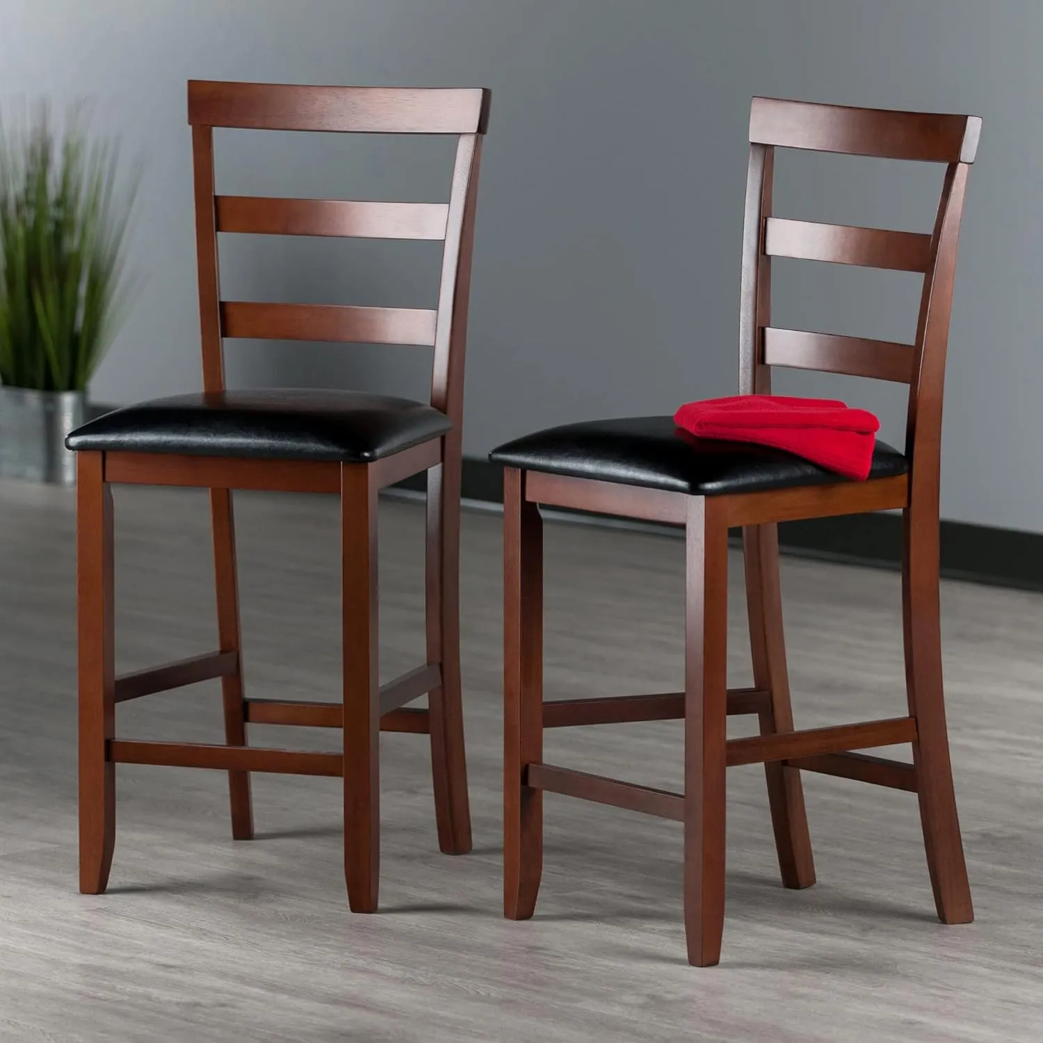 Winsome Simone 2-Pc Ladder Back Counter Stools Set, 25" Seat Height, Walnut Finish with Black Faux Leather