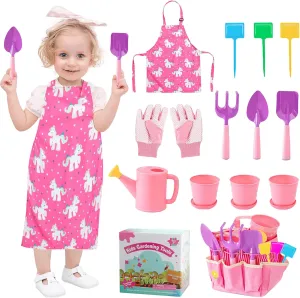 WNJ Kids Gardening Tools Set, Garden Toy Kit, with Handbag, Rake, Shovel, Trowel, Watering Can, Gloves, Handbag, Flower Pot, DIY Bookmarks, Spring and Summer Toys Outdoor Gifts for Girls - Pink