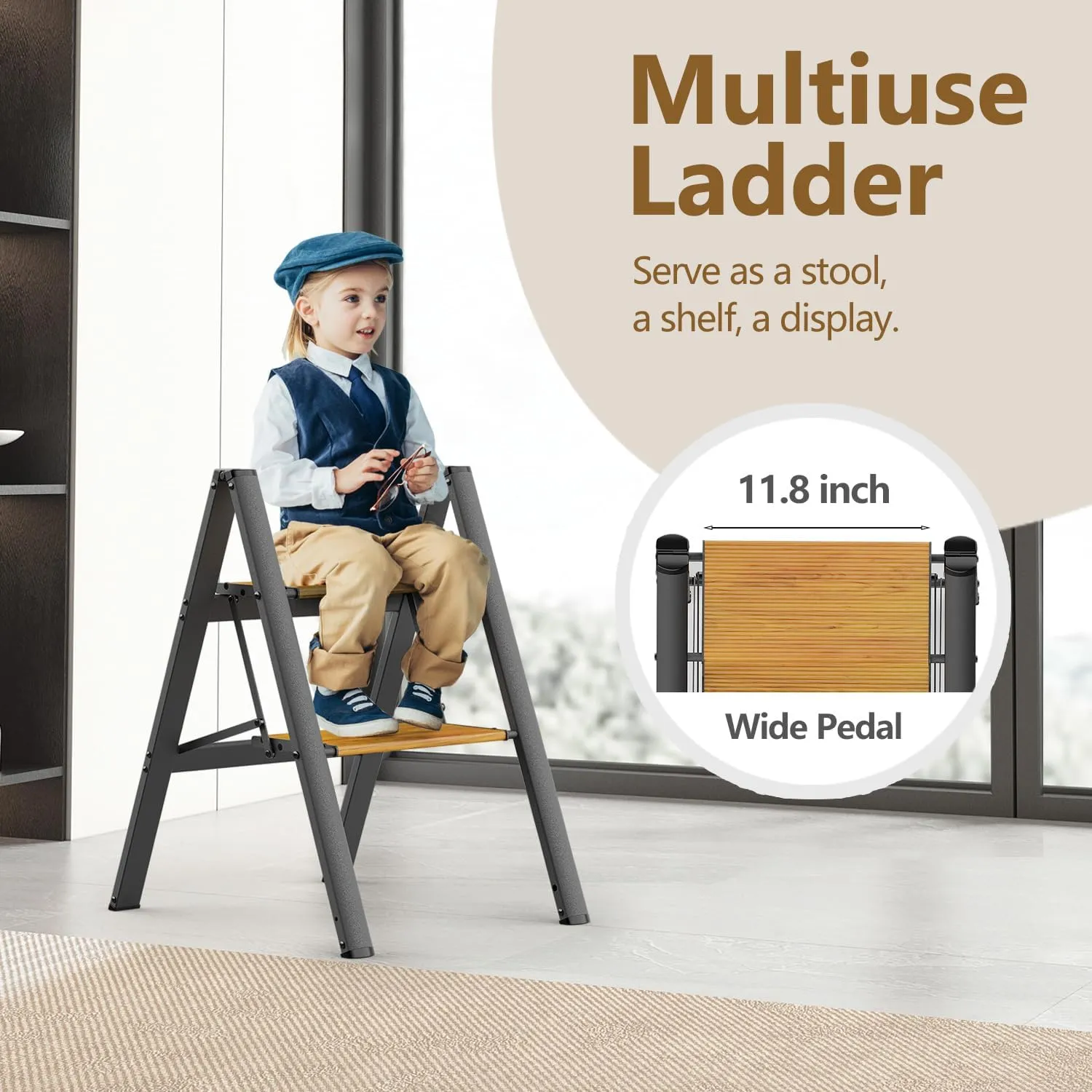 WOA WOA 2 Step Ladder, Foldable Step Stool, Aluminum Lightweight Ladder for Home Kitchen Closet, Anti-Slip Pedals, Ease of Folding, Portable, 300lbs Capacity - Black&Wood Grain