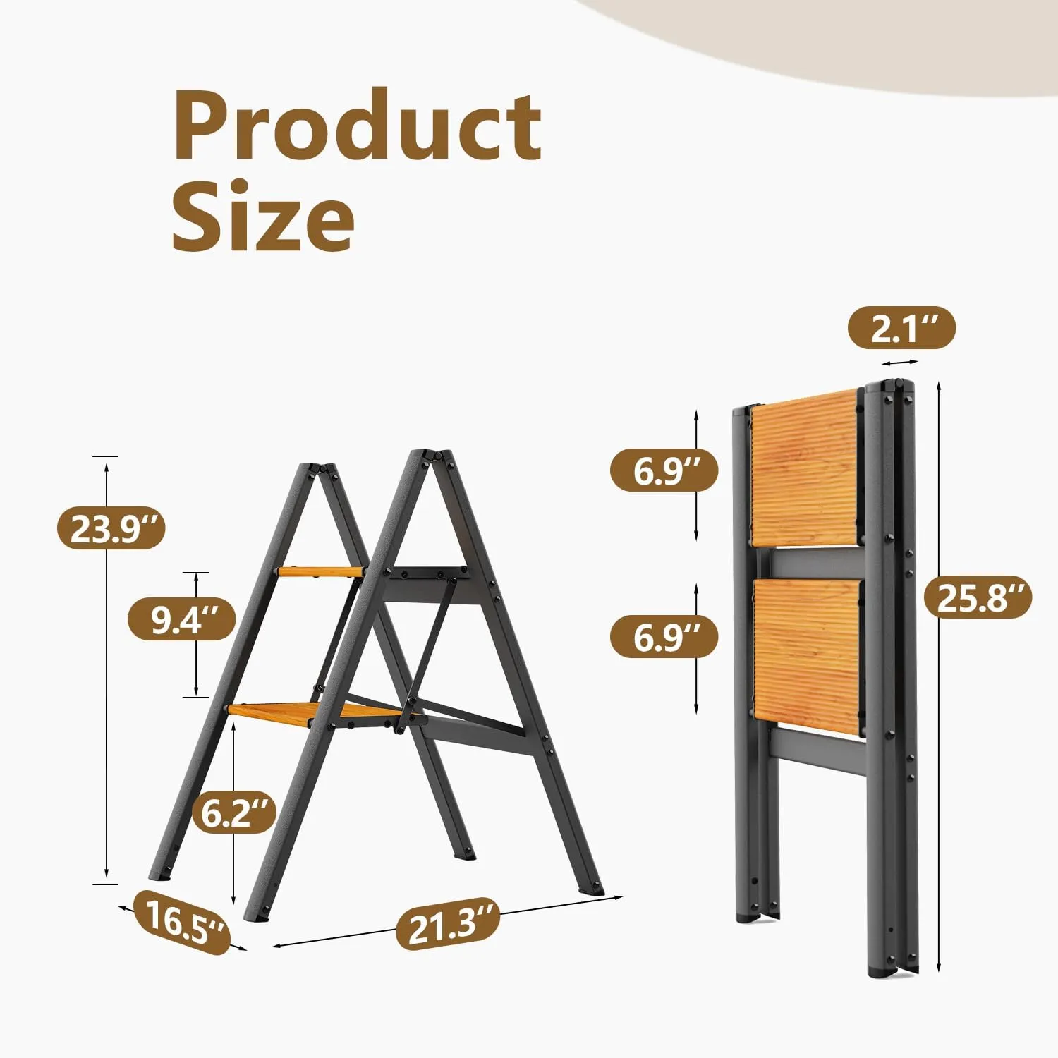 WOA WOA 2 Step Ladder, Foldable Step Stool, Aluminum Lightweight Ladder for Home Kitchen Closet, Anti-Slip Pedals, Ease of Folding, Portable, 300lbs Capacity - Black&Wood Grain