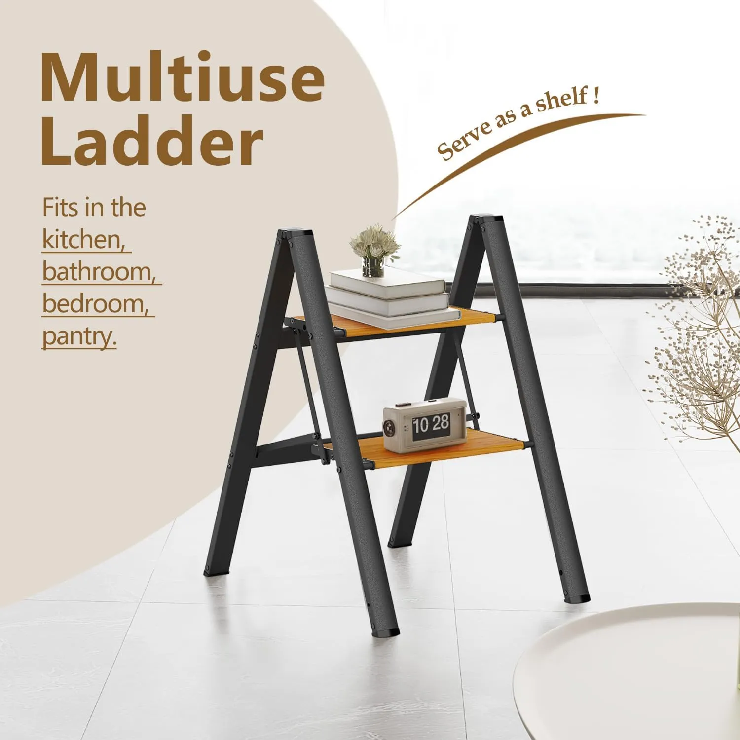 WOA WOA 2 Step Ladder, Foldable Step Stool, Aluminum Lightweight Ladder for Home Kitchen Closet, Anti-Slip Pedals, Ease of Folding, Portable, 300lbs Capacity - Black&Wood Grain