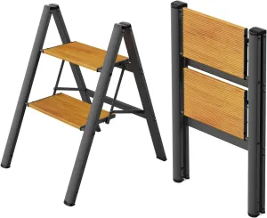 WOA WOA 2 Step Ladder, Foldable Step Stool, Aluminum Lightweight Ladder for Home Kitchen Closet, Anti-Slip Pedals, Ease of Folding, Portable, 300lbs Capacity - Black&Wood Grain