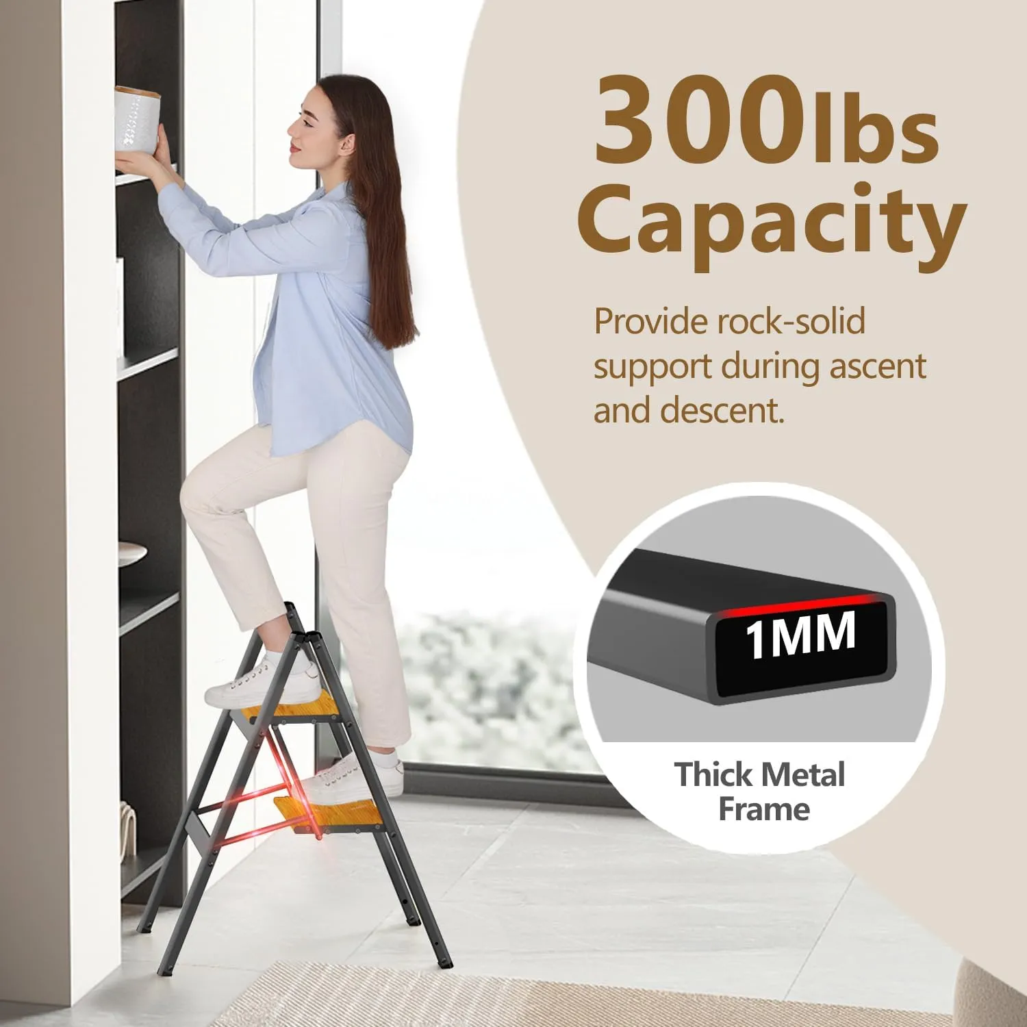 WOA WOA 2 Step Ladder, Foldable Step Stool, Aluminum Lightweight Ladder for Home Kitchen Closet, Anti-Slip Pedals, Ease of Folding, Portable, 300lbs Capacity - Black&Wood Grain