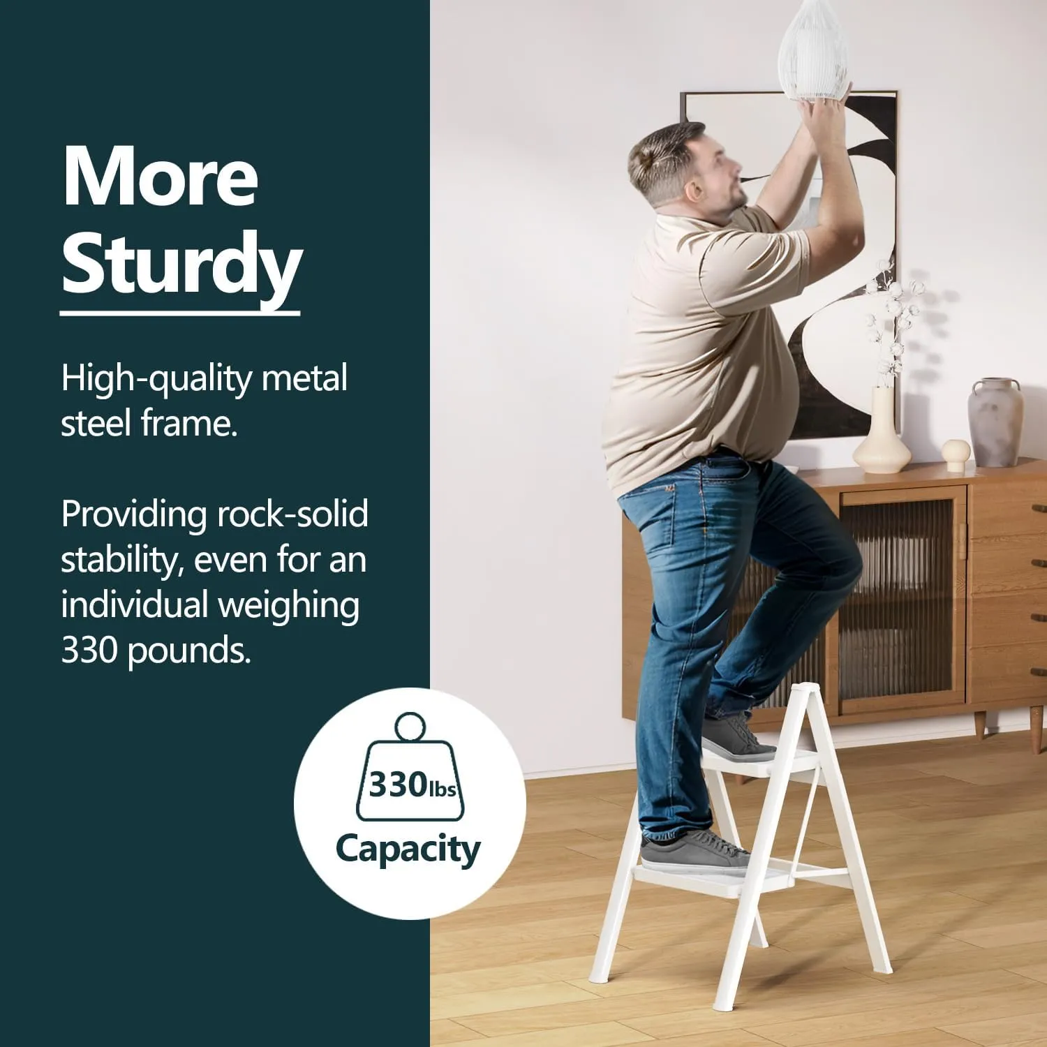WOA WOA 2 Step Ladder, Folding Step Stool with Broad Pedals, Compact Stepping Stool, Sturdy Steel Ladders for Home with Anti-Slip Feet, Supports up to 330 lbs - White
