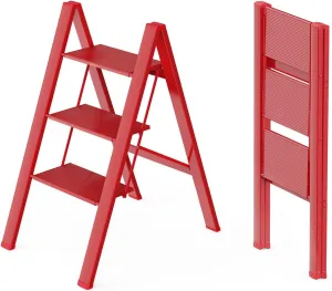 WOA WOA 3 Step Ladder, Foldable Step Stool, Aluminum Lightweight Ladder for Home Kitchen Closet, Anti-Slip Pedals, Ease of Folding, Portable, 300lbs Capacity - Red