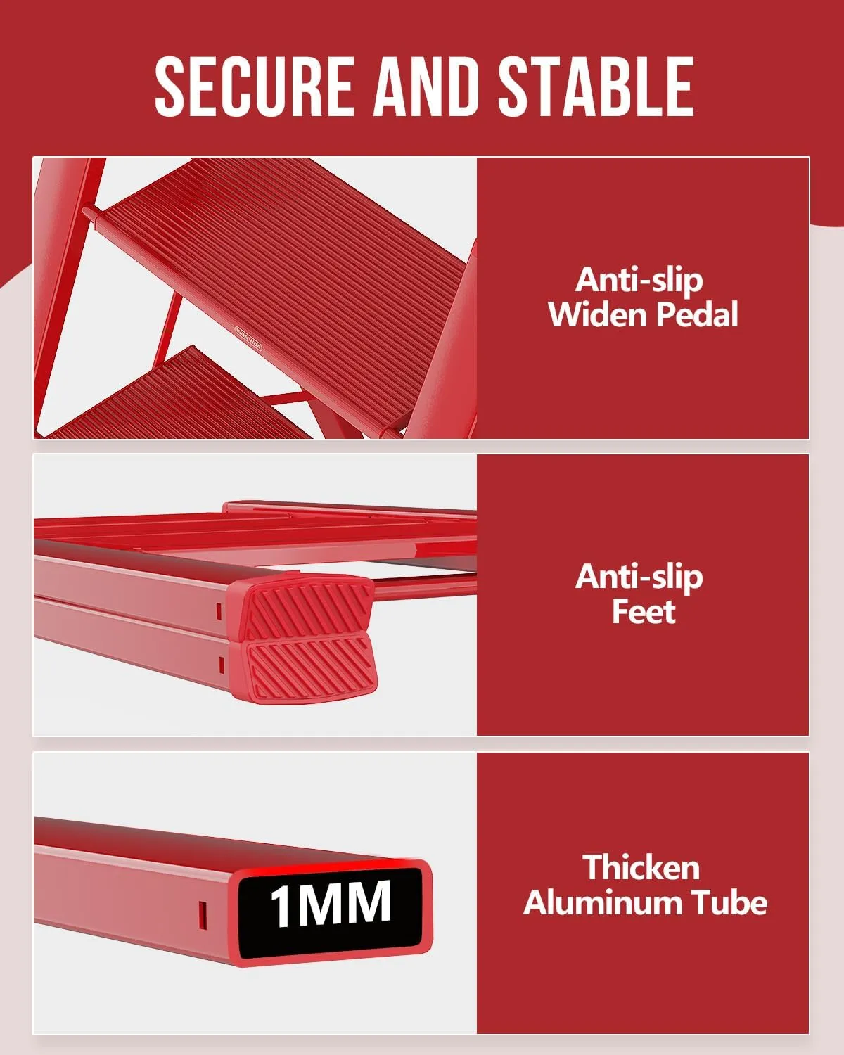 WOA WOA 3 Step Ladder, Foldable Step Stool, Aluminum Lightweight Ladder for Home Kitchen Closet, Anti-Slip Pedals, Ease of Folding, Portable, 300lbs Capacity - Red