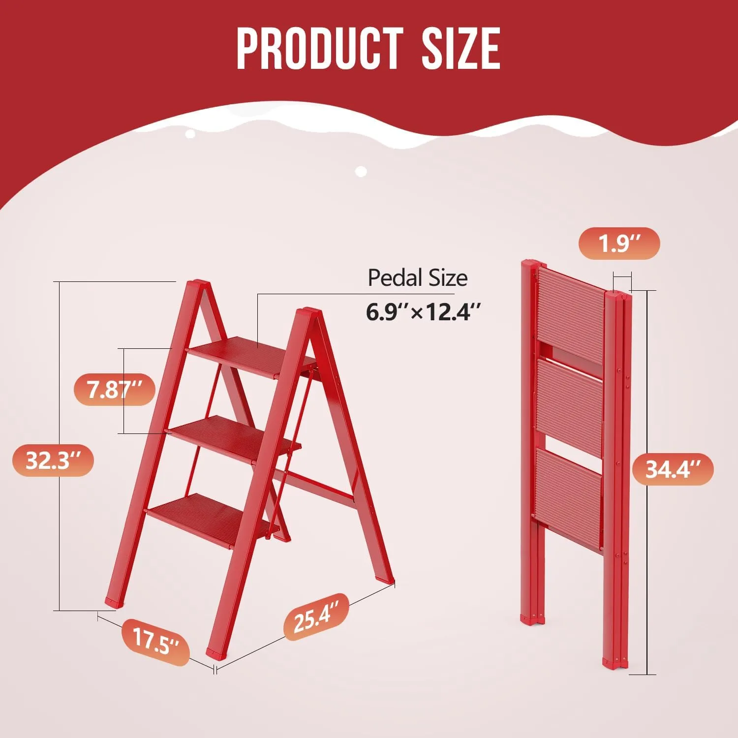 WOA WOA 3 Step Ladder, Foldable Step Stool, Aluminum Lightweight Ladder for Home Kitchen Closet, Anti-Slip Pedals, Ease of Folding, Portable, 300lbs Capacity - Red