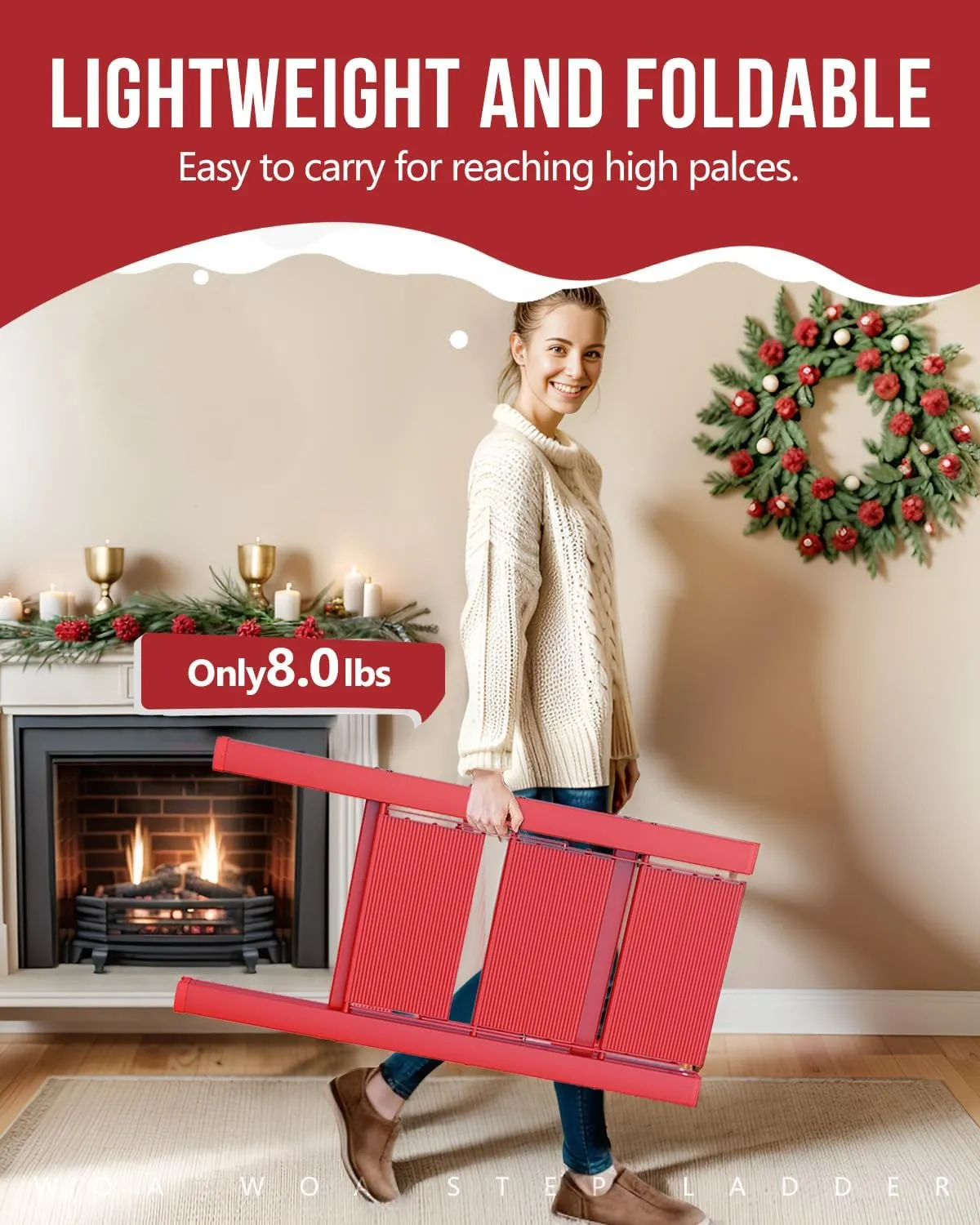 WOA WOA 3 Step Ladder, Foldable Step Stool, Aluminum Lightweight Ladder for Home Kitchen Closet, Anti-Slip Pedals, Ease of Folding, Portable, 300lbs Capacity - Red