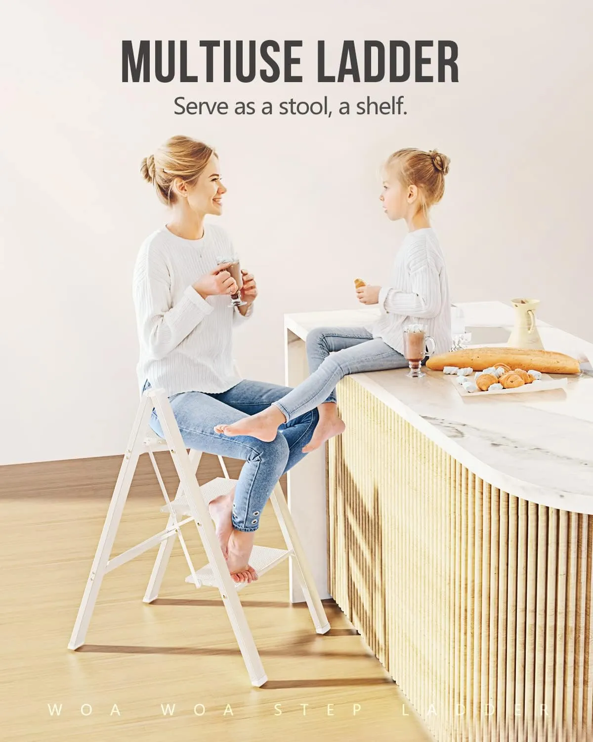 WOA WOA 3 Step Ladder, Foldable Step Stool, Aluminum Lightweight Ladder for Home Kitchen Closet, Anti-Slip Pedals, Ease of Folding, Portable, 300lbs Capacity - White