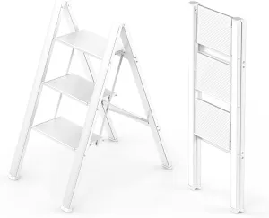WOA WOA 3 Step Ladder, Foldable Step Stool, Aluminum Lightweight Ladder for Home Kitchen Closet, Anti-Slip Pedals, Ease of Folding, Portable, 300lbs Capacity - White
