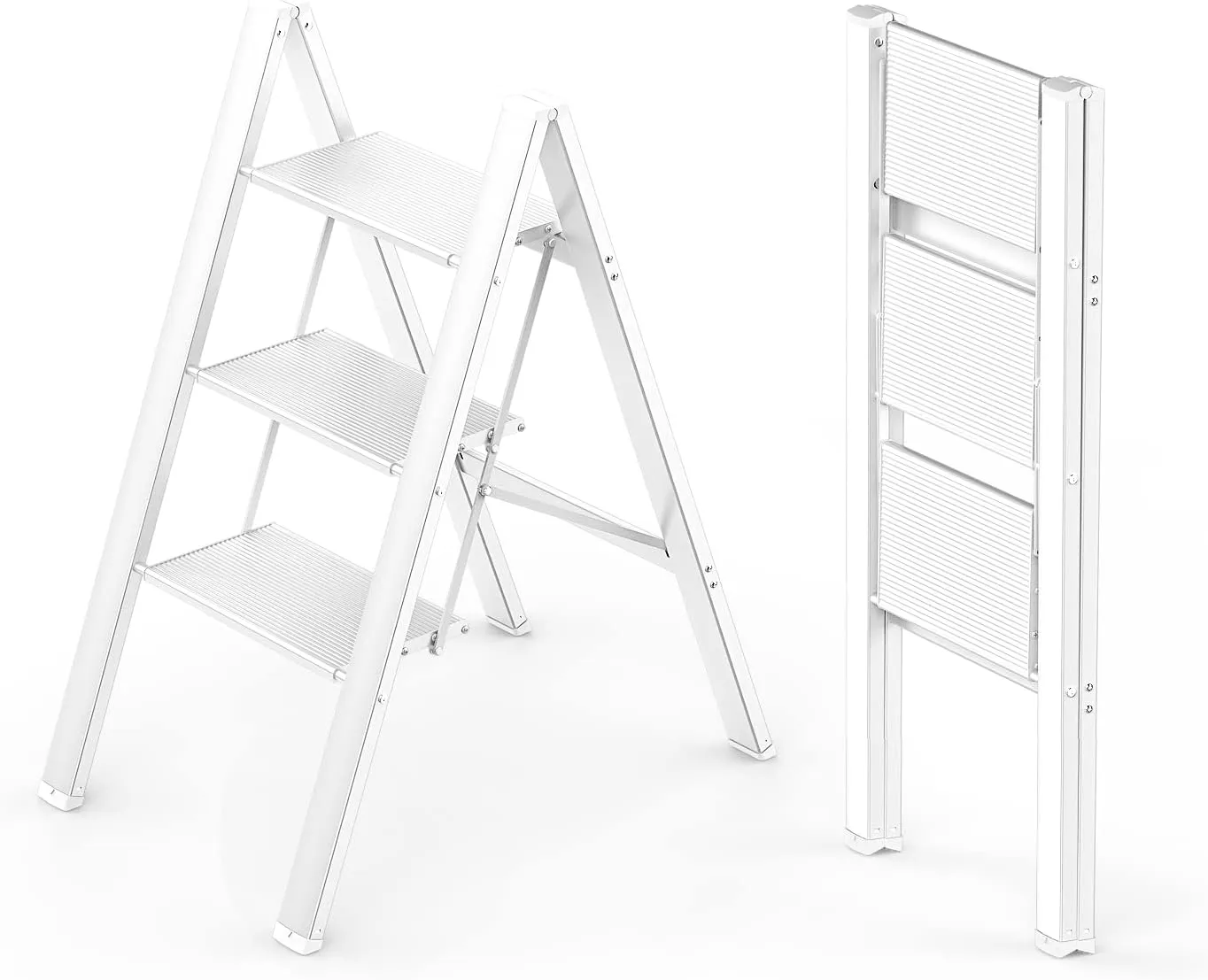 WOA WOA 3 Step Ladder, Foldable Step Stool, Aluminum Lightweight Ladder for Home Kitchen Closet, Anti-Slip Pedals, Ease of Folding, Portable, 300lbs Capacity - White