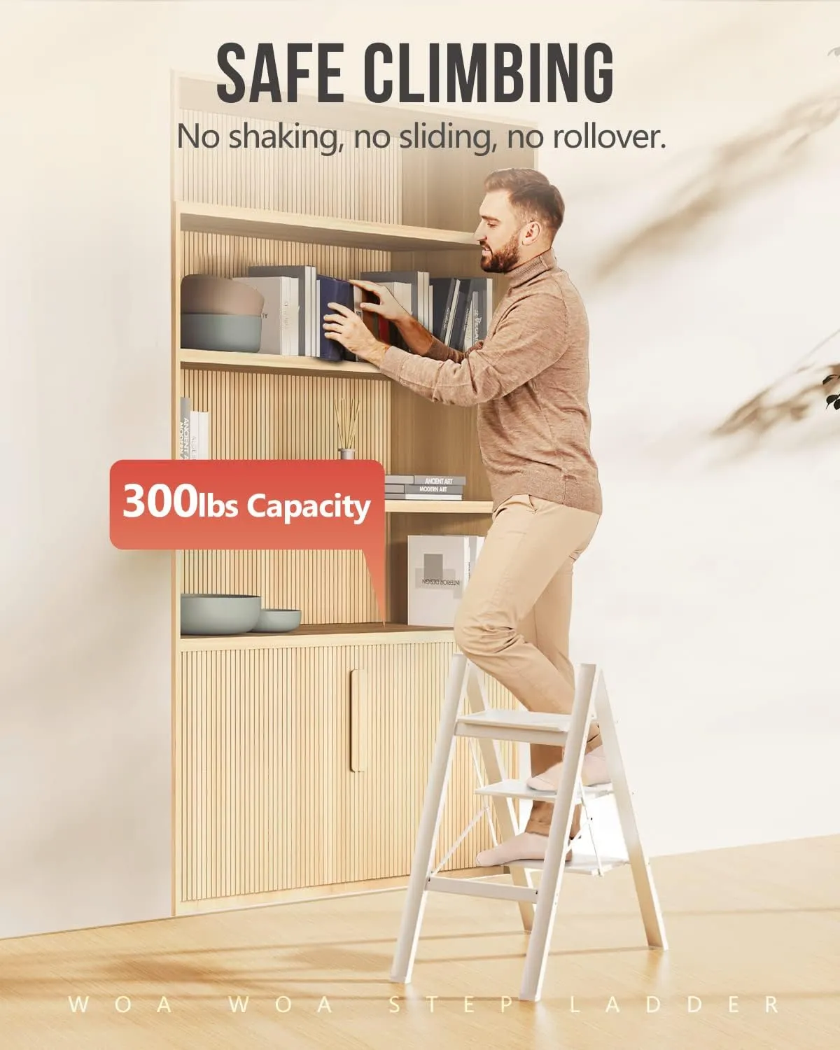 WOA WOA 3 Step Ladder, Foldable Step Stool, Aluminum Lightweight Ladder for Home Kitchen Closet, Anti-Slip Pedals, Ease of Folding, Portable, 300lbs Capacity - White
