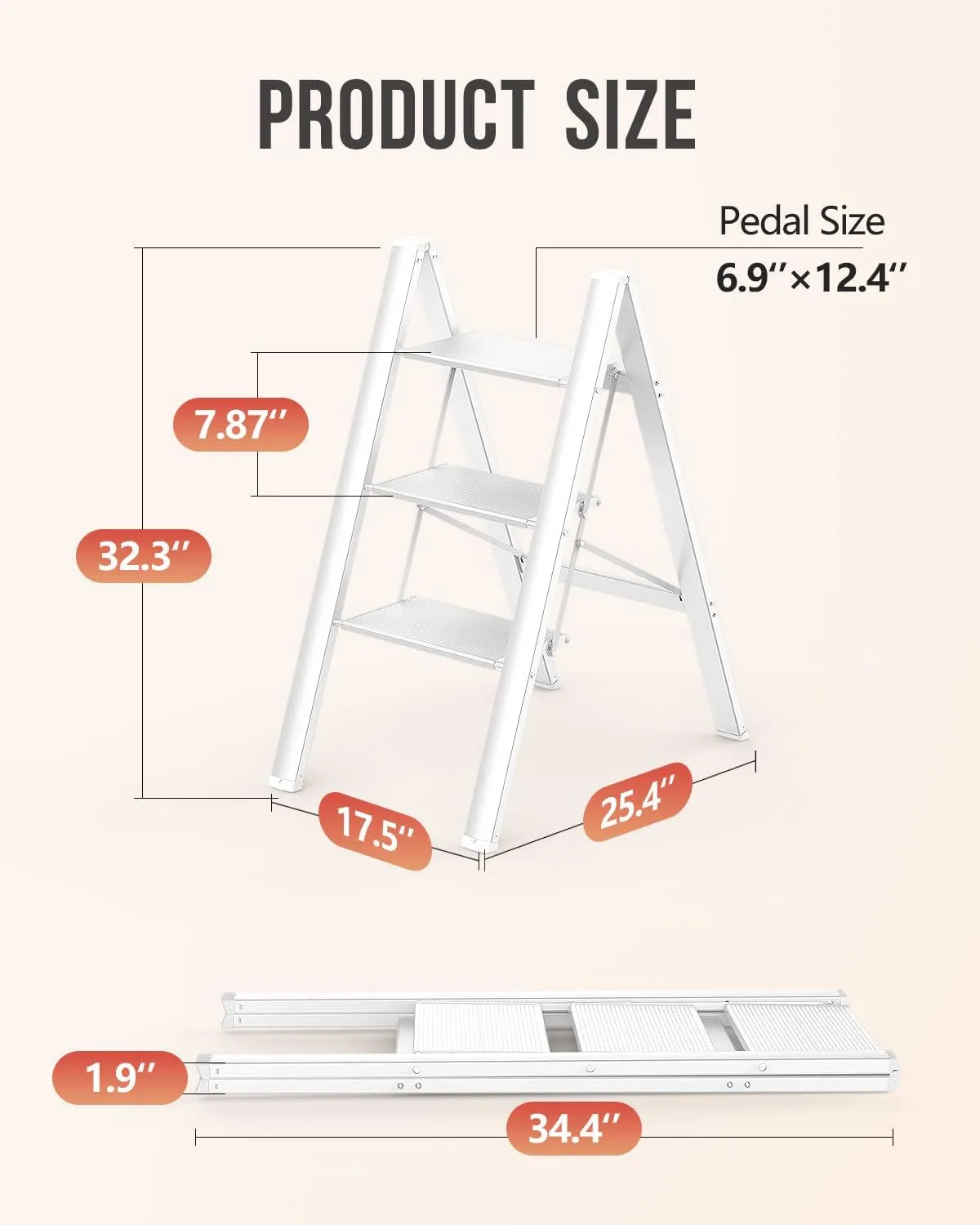 WOA WOA 3 Step Ladder, Foldable Step Stool, Aluminum Lightweight Ladder for Home Kitchen Closet, Anti-Slip Pedals, Ease of Folding, Portable, 300lbs Capacity - White