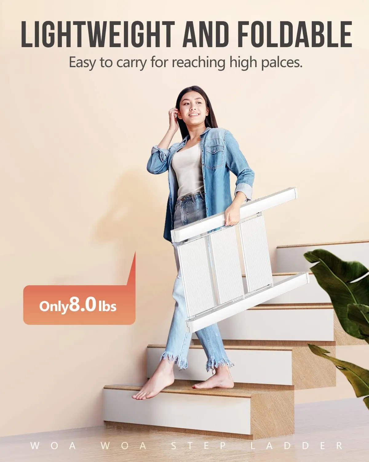 WOA WOA 3 Step Ladder, Foldable Step Stool, Aluminum Lightweight Ladder for Home Kitchen Closet, Anti-Slip Pedals, Ease of Folding, Portable, 300lbs Capacity - White