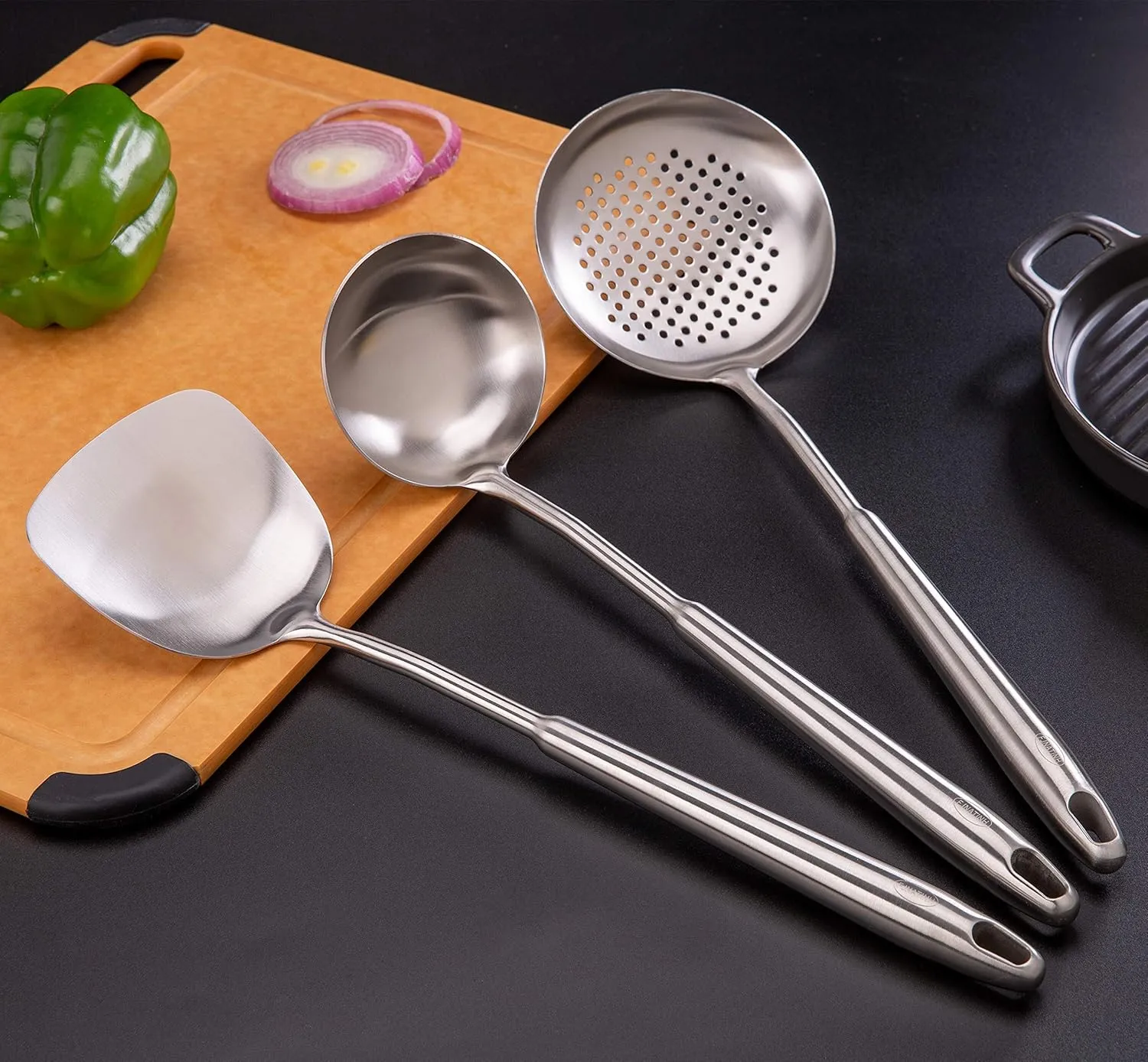 Wok spatula and ladle,Skimmer Ladle Tool Set, Chinese Wok Utensil Set, All metal 304 Stainless Steel Cooking Utensils(15in,15in,14in)