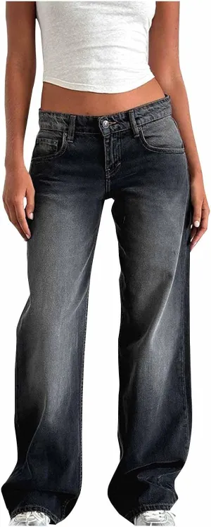 Women Classic Contrast Wash Bootcut Denim Pants, Low Rise Baggy Wide Leg Casual Jeans Fashion Comfy Denim Trousers