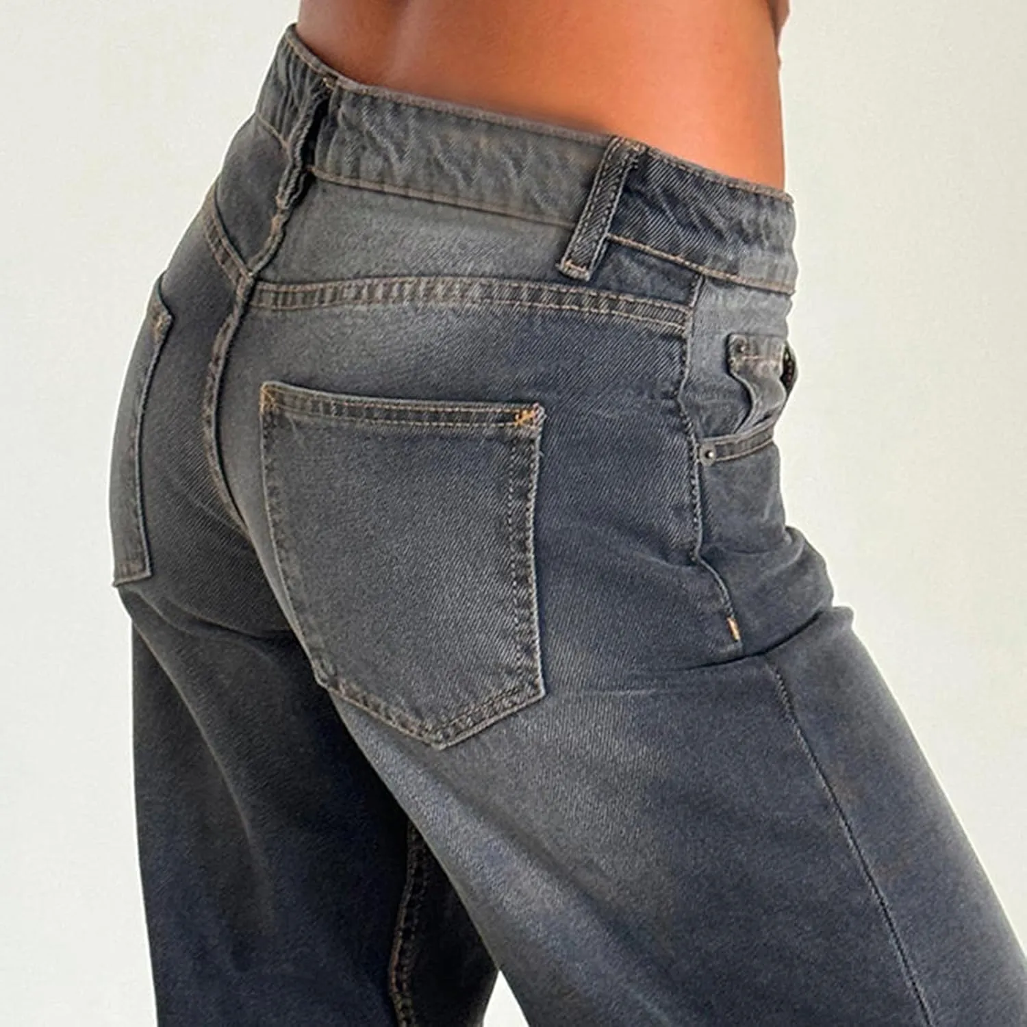 Women Classic Contrast Wash Bootcut Denim Pants, Low Rise Baggy Wide Leg Casual Jeans Fashion Comfy Denim Trousers