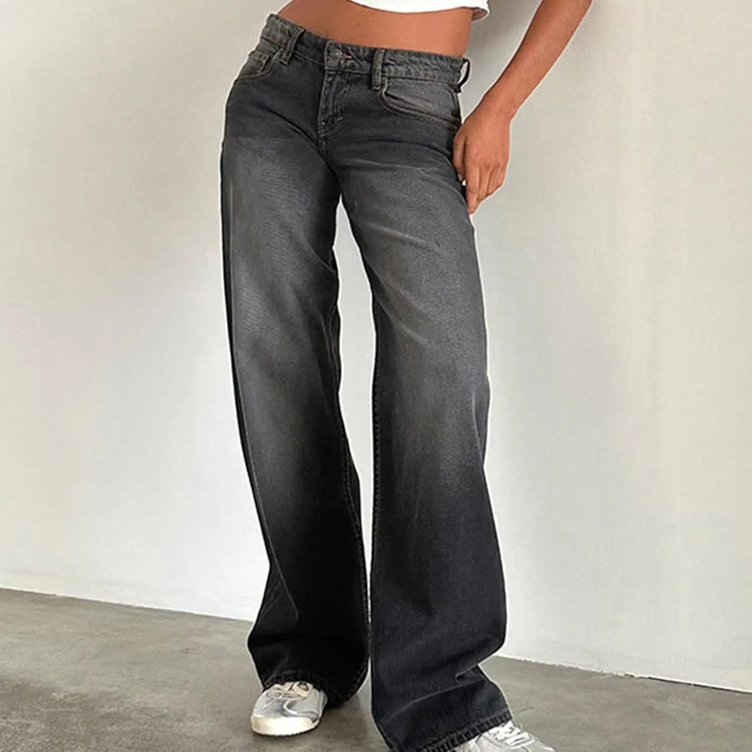 Women Classic Contrast Wash Bootcut Denim Pants, Low Rise Baggy Wide Leg Casual Jeans Fashion Comfy Denim Trousers