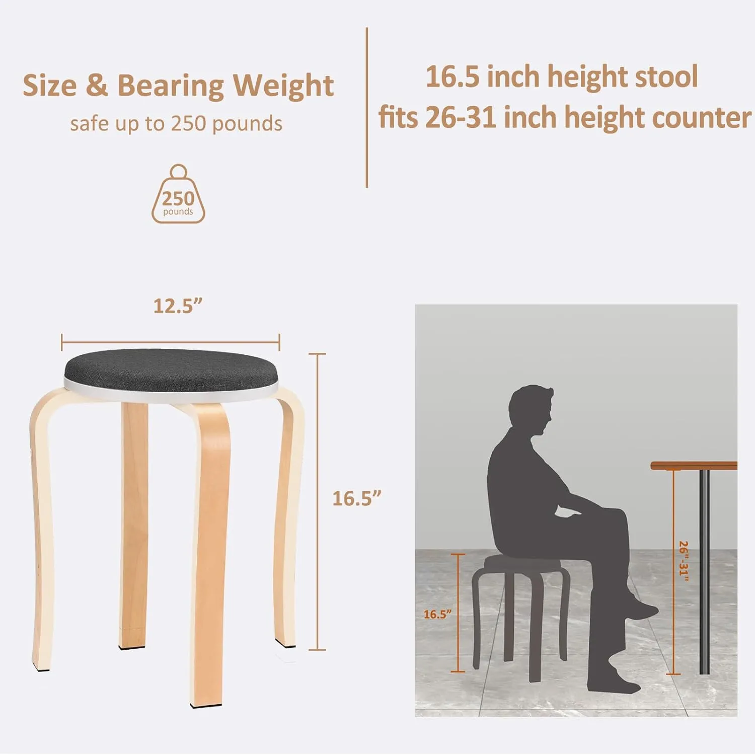 Wood Stools, Set of 2 Wooden Stackable Stool Extra Seating for Kids, Guests, Portable Round 16.5-Inch, Counter Height Stools for Living Room, Backyard, Classroom, Kitchen, Pland Stand, Apartment