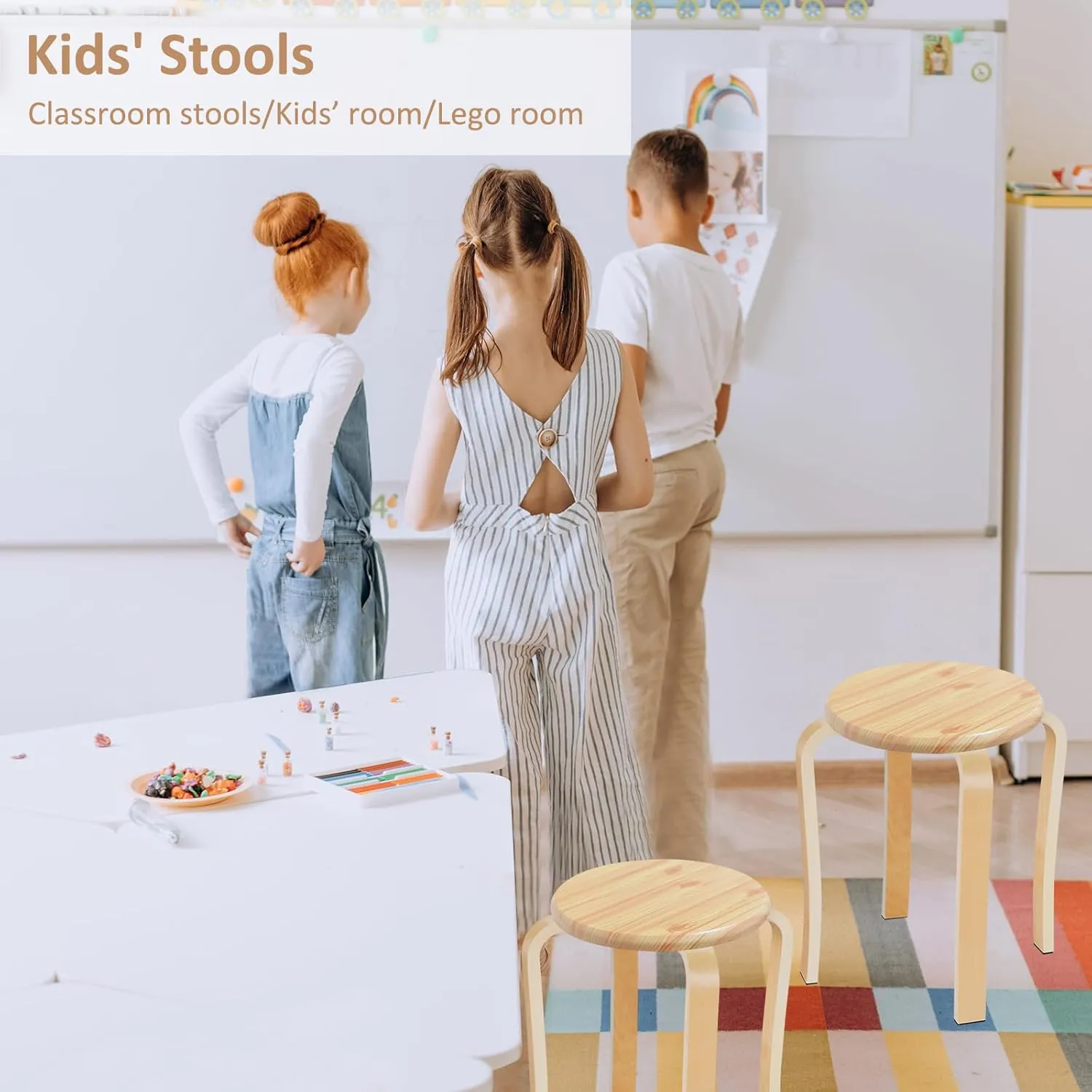 Wood Stools, Set of 2 Wooden Stackable Stool Extra Seating for Kids, Guests, Portable Round 16.5-Inch, Counter Height Stools for Living Room, Backyard, Classroom, Kitchen, Pland Stand, Apartment