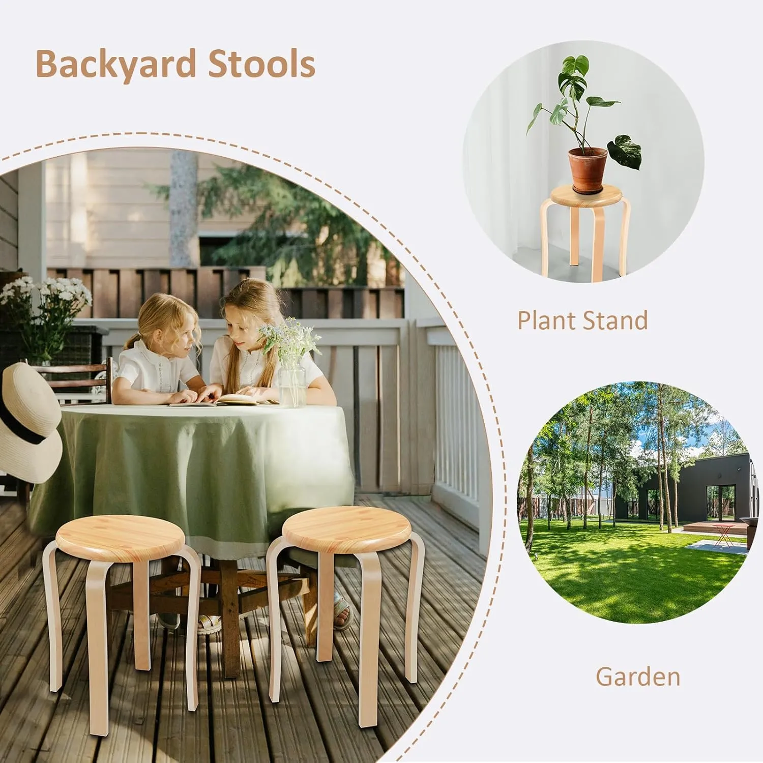 Wood Stools, Set of 2 Wooden Stackable Stool Extra Seating for Kids, Guests, Portable Round 16.5-Inch, Counter Height Stools for Living Room, Backyard, Classroom, Kitchen, Pland Stand, Apartment
