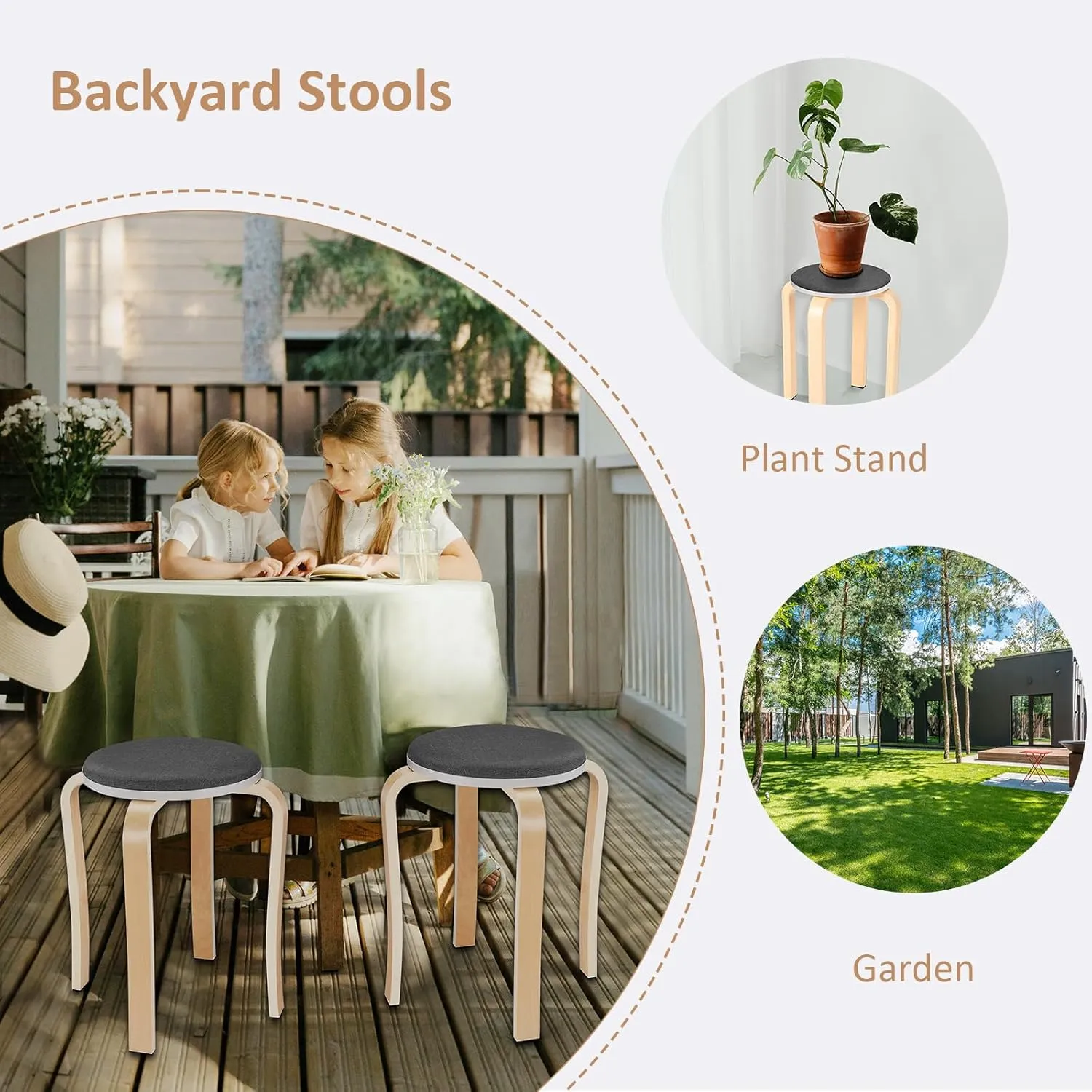 Wood Stools, Set of 2 Wooden Stackable Stool Extra Seating for Kids, Guests, Portable Round 16.5-Inch, Counter Height Stools for Living Room, Backyard, Classroom, Kitchen, Pland Stand, Apartment