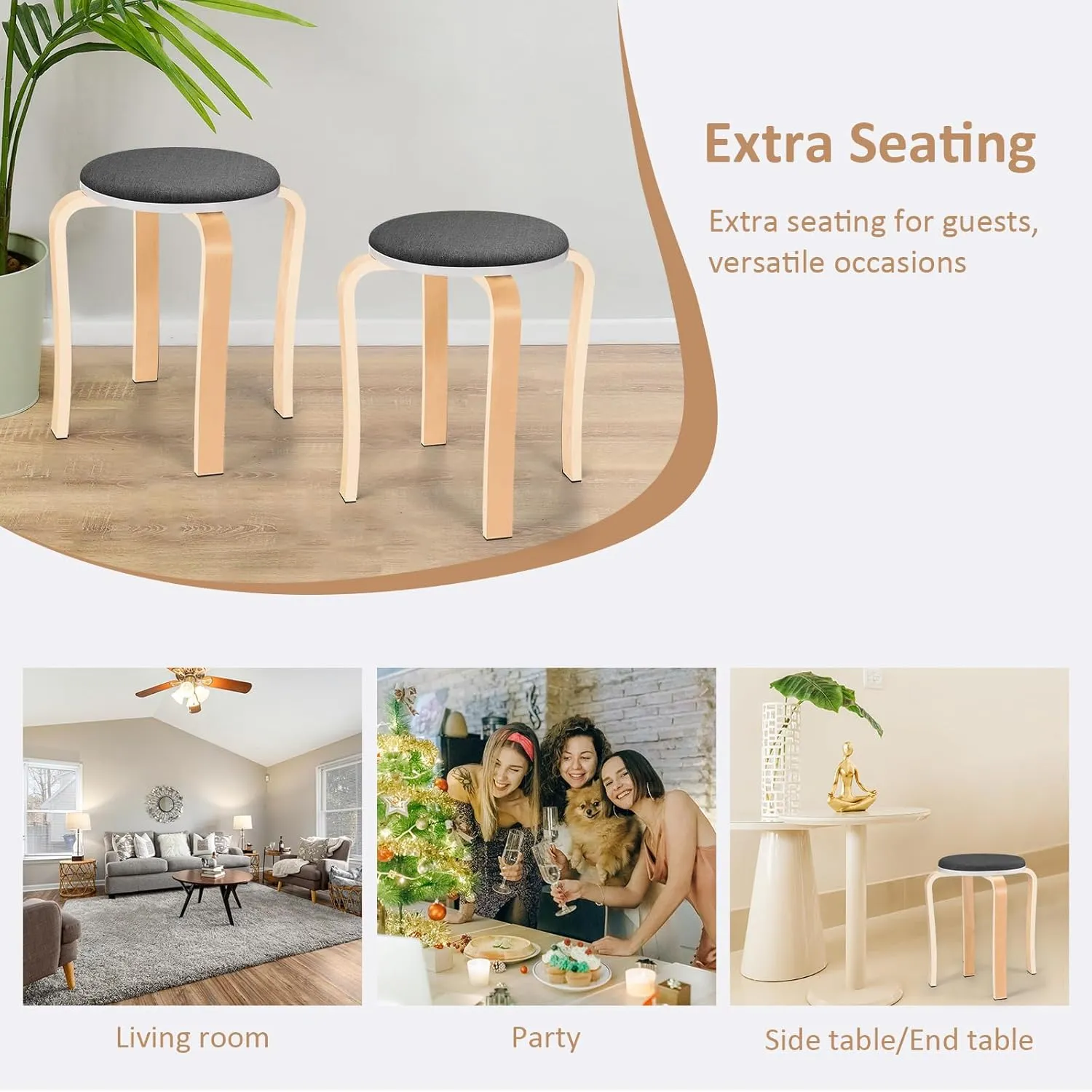 Wood Stools, Set of 2 Wooden Stackable Stool Extra Seating for Kids, Guests, Portable Round 16.5-Inch, Counter Height Stools for Living Room, Backyard, Classroom, Kitchen, Pland Stand, Apartment