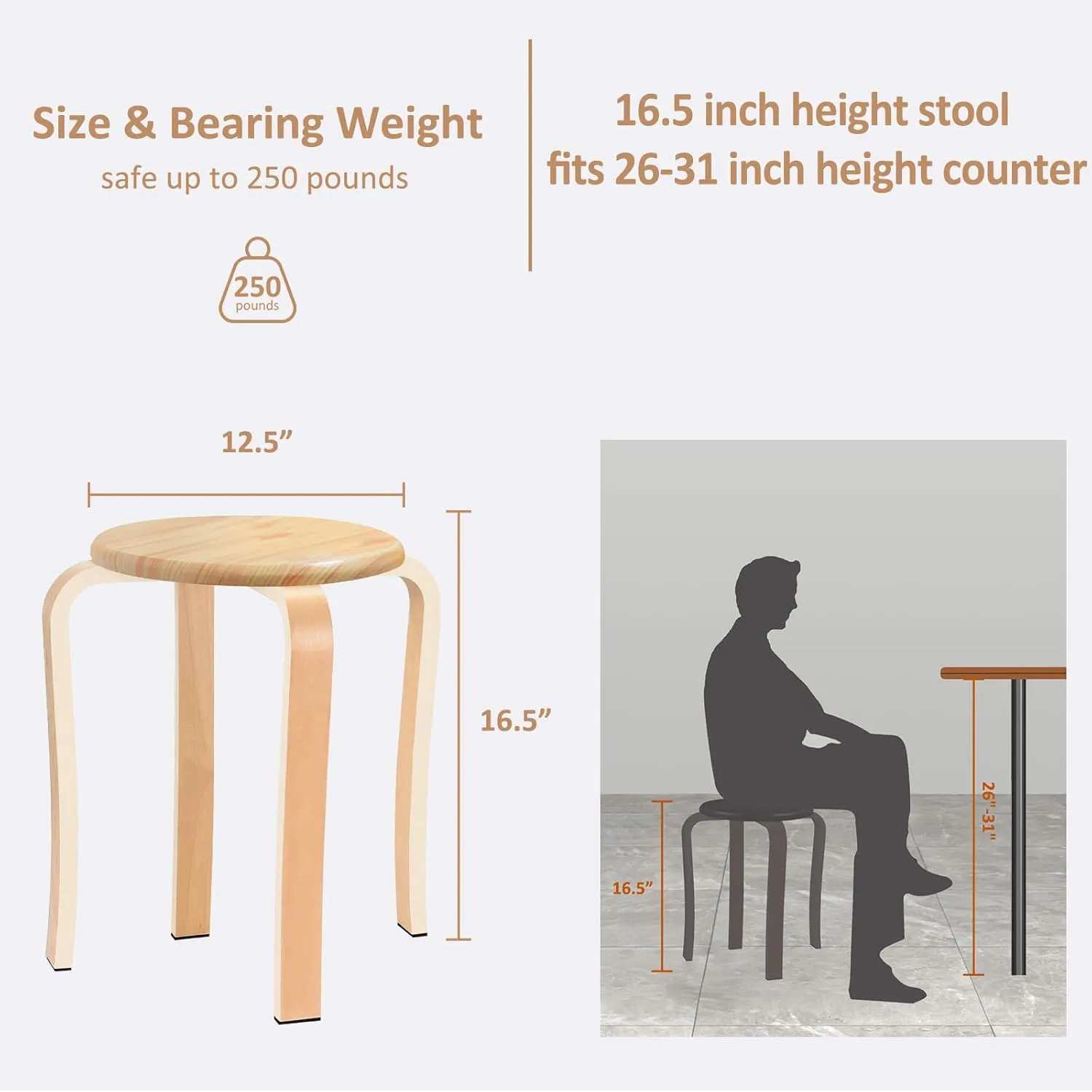 Wood Stools, Set of 2 Wooden Stackable Stool Extra Seating for Kids, Guests, Portable Round 16.5-Inch, Counter Height Stools for Living Room, Backyard, Classroom, Kitchen, Pland Stand, Apartment