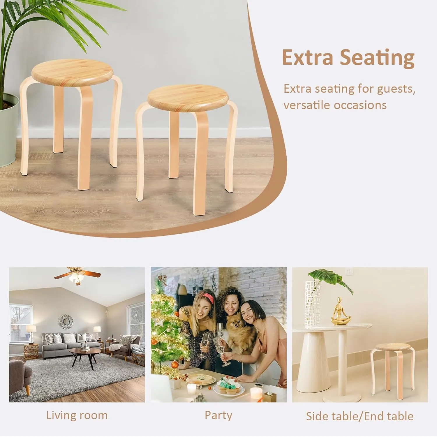 Wood Stools, Set of 2 Wooden Stackable Stool Extra Seating for Kids, Guests, Portable Round 16.5-Inch, Counter Height Stools for Living Room, Backyard, Classroom, Kitchen, Pland Stand, Apartment