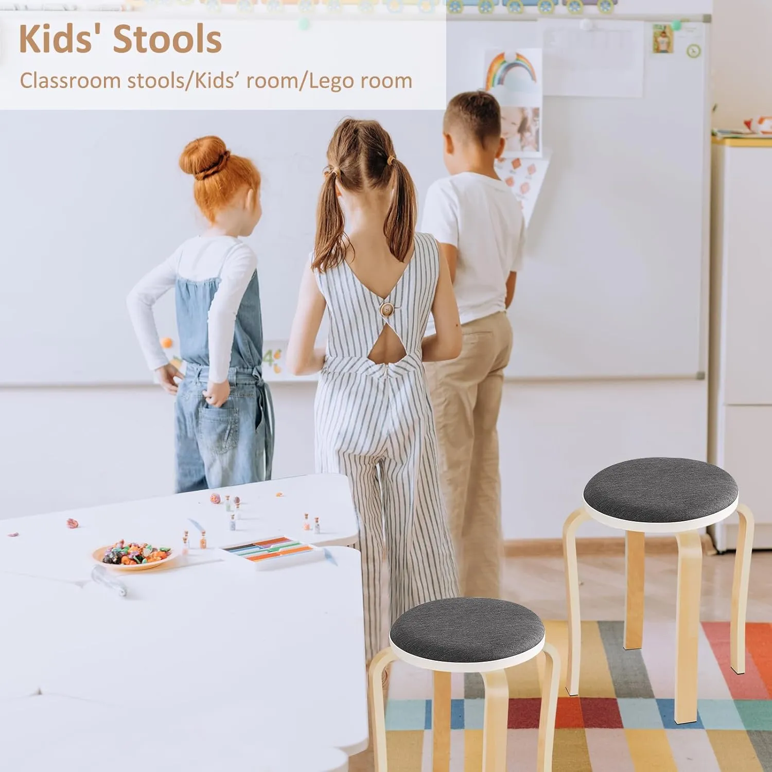 Wood Stools, Set of 2 Wooden Stackable Stool Extra Seating for Kids, Guests, Portable Round 16.5-Inch, Counter Height Stools for Living Room, Backyard, Classroom, Kitchen, Pland Stand, Apartment