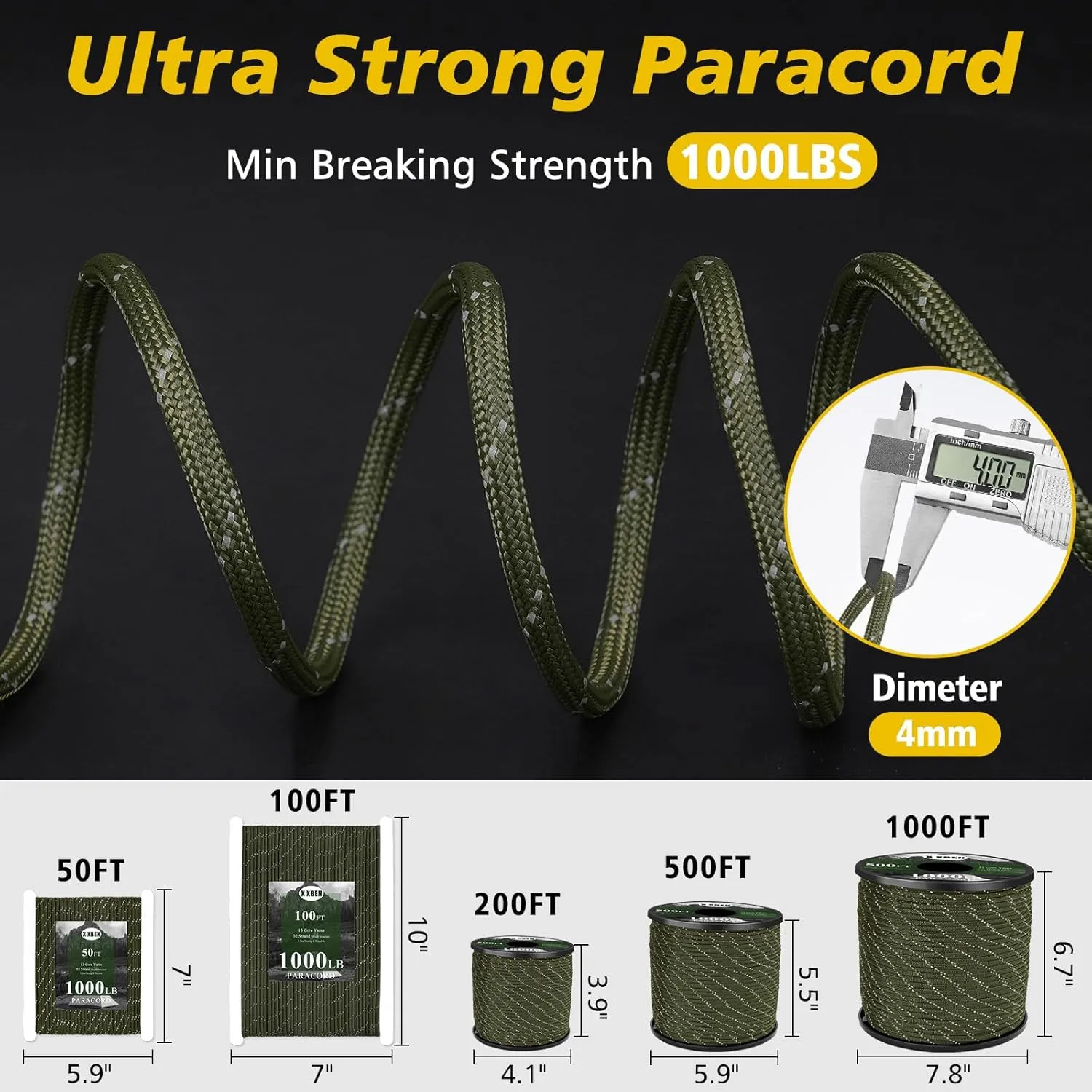 X XBEN Paracord Reflective 1000lb, 50/100/200/500/1000ft 4mm, 13 Strand Parachute Cord, Tactical Paracord Rope for Camping, Fishing, Clothesline, Hammock, Tent & Survival Bracelet, Forest Camo