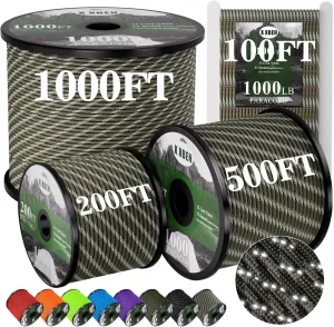 X XBEN Paracord Reflective 1000lb, 50/100/200/500/1000ft 4mm, 13 Strand Parachute Cord, Tactical Paracord Rope for Camping, Fishing, Clothesline, Hammock, Tent & Survival Bracelet, Forest Camo