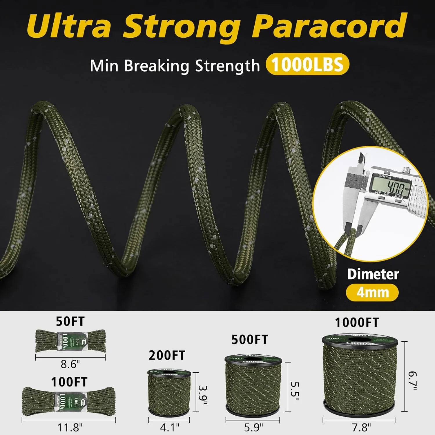 X XBEN Paracord Reflective 1000lb, 50/100/200/500/1000ft 4mm, 13 Strand Parachute Spool Cord, Survival Rope for Camping, Fishing, Hiking, Tent, Clothesline, DIY Crafts & Survival Bracelet, Neon Green